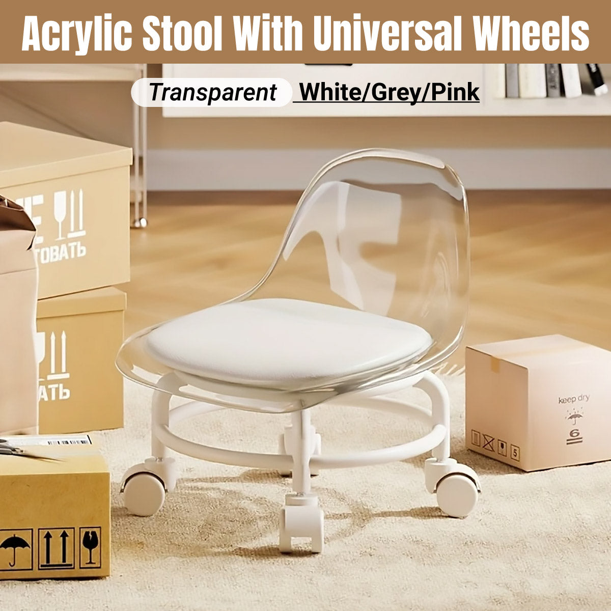 V528-CHAIR-WHITE-419992-202510010418-00 Stool with Universal Wheels Pulley Short Stool with Backrest Comfortable Seat - White - Image 1