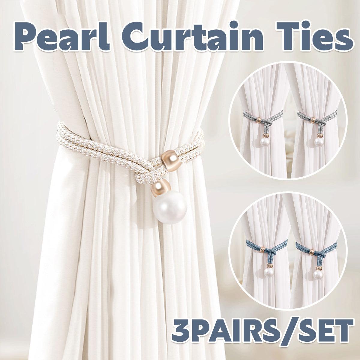 V528-CURTAIN-TIE-GREY-3PAIR-144022-202509301918-00 Curtain Tiebacks Pearl Strap Set 3 Pairs Decorative Buckle Holder Rings Hooks - Grey - Image 1