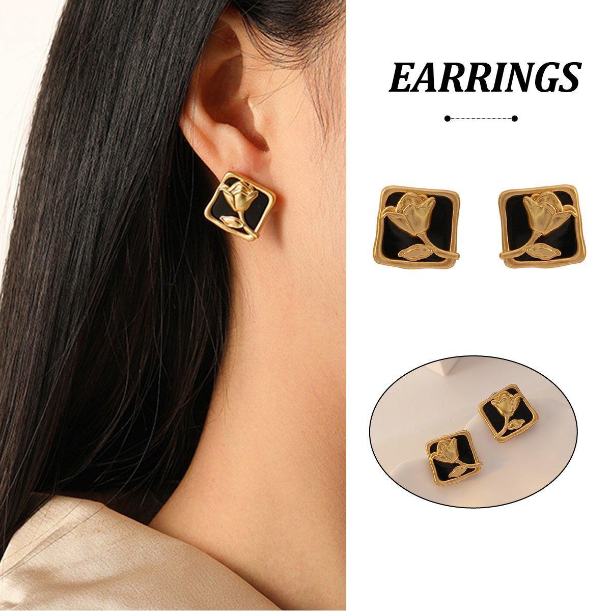 V528-EARRINGS-BLACK-ROSE-889361-202509291427-00 Vintage Matte Black Rose Square Stud Earrings Elegant Fashion Jewelry Women - Image 1