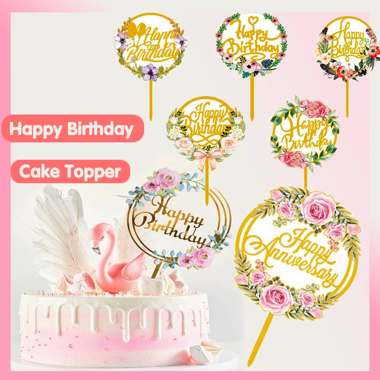 V528-FLOWER-TOPPERNO3-202510010346-00 Happy Birthday Anniversary Wedding Cake Flowers Topper Acrylic Party Decorations - NO.03 - Image 1