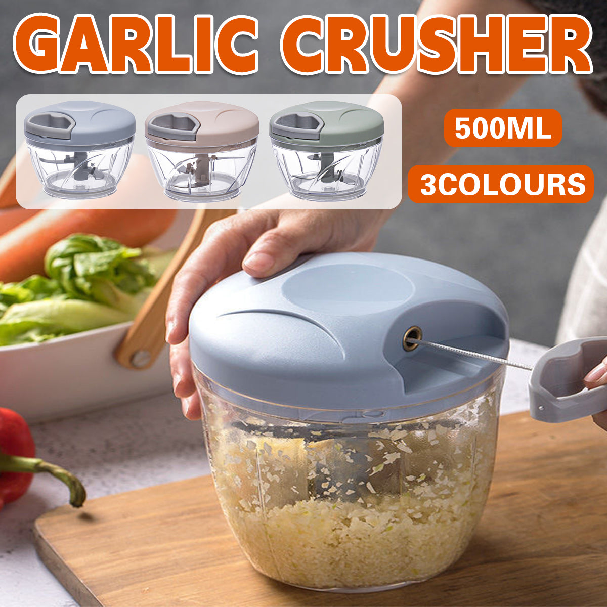 V528-GARLIC-500ML-BLUE-259455-202509301909-00 500ml Manual Meat Mincer Garlic Chopper Rotate Garlic Press Crusher Vegetabl - Blue - Image 1