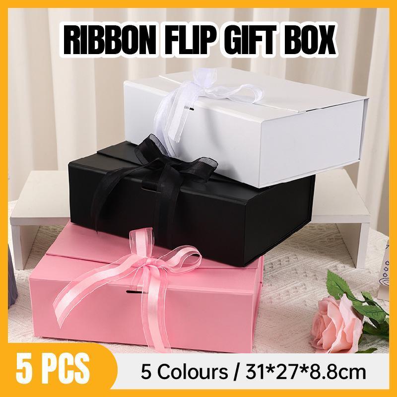 V528-GIFT-BOX-5PCS-31-27-88-WHITE-431575-202509301536-00 Elegant Ribbon Flip Folding Gift Boxes Multiple Colors High-Quality Cardboard - White - Image 1