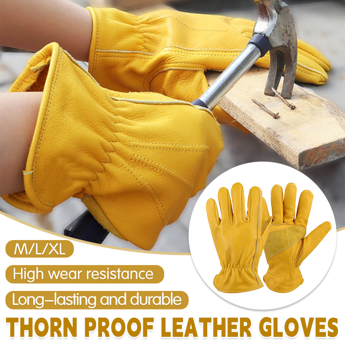 V528-GLOVES-1PAIR-L-816868-202509301300-00 Golden Yellow Cowhide Work Gloves Full Finger Gardening DIY Home Maintenance Use - L - Image 1