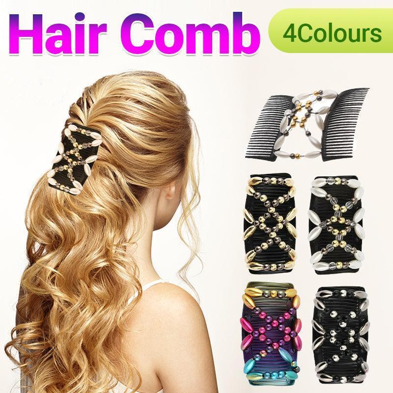 V528-HAIRCOMB-GOLD-97032-202509301727-00 Beaded Stretchy Easy Magic Hair Comb Elastic Double Hair Clip Hair Accessories - Gold - Image 1