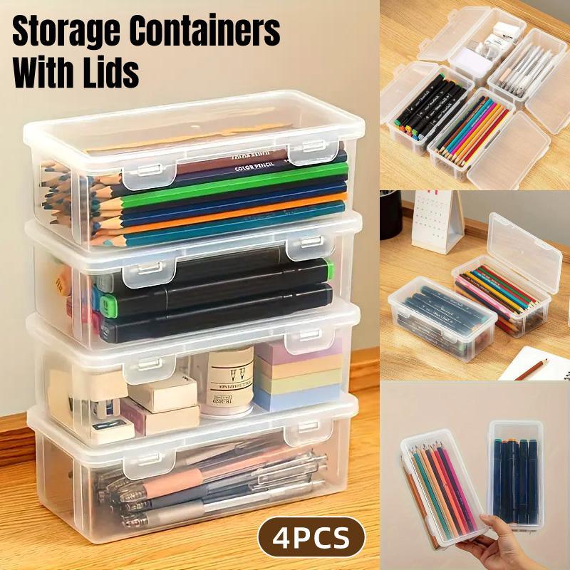 V528-PENCIL-CASE-4PCS-221933-202509251554-00 Transparent Stationery Organiser Box with Lid Pencil Pen Case Holder 4pcs Set - Image 1