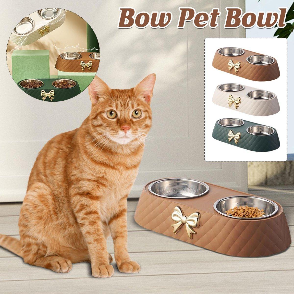 V528-PET-BOWL-BOW-GREEN-921532-202509301409-00 Stainless Steel Double Pet Bowl Non-Slip Anti-Knock Dog Cat Feeder Utensils - Green - Image 1