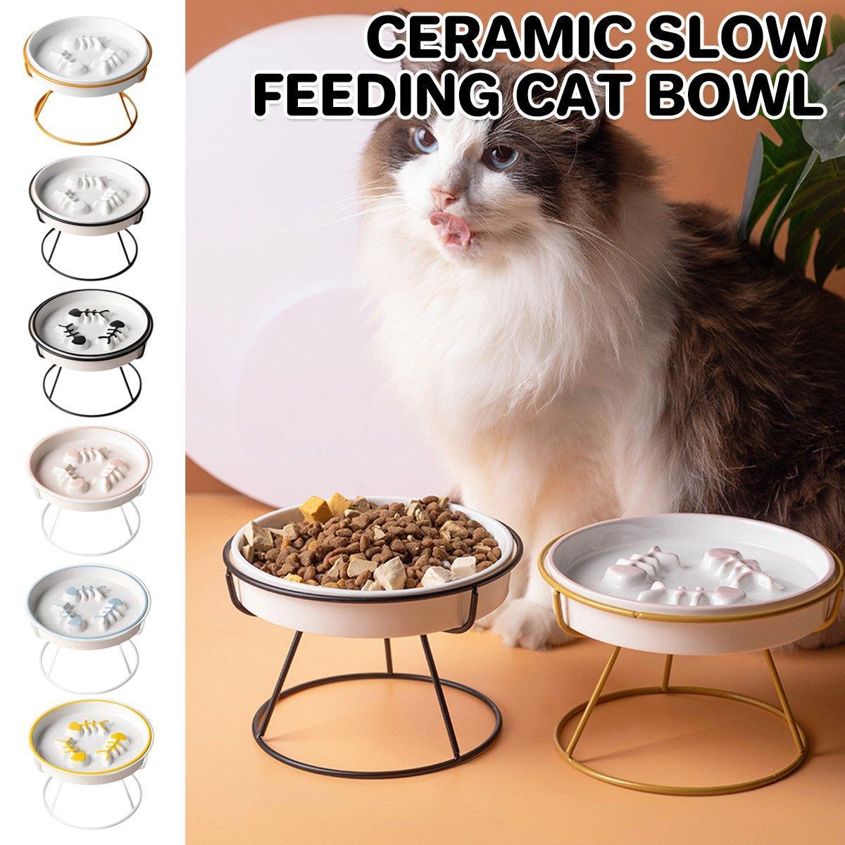 V528-PET-BOWL-WHITE-GOLD-539416-202509301654-00 Ceramic Cat Bowl Slow Feeder Pet Food Tray for Cats and Dogs Non Slip Design - White Bowl-Gold Tray Rack - Image 1