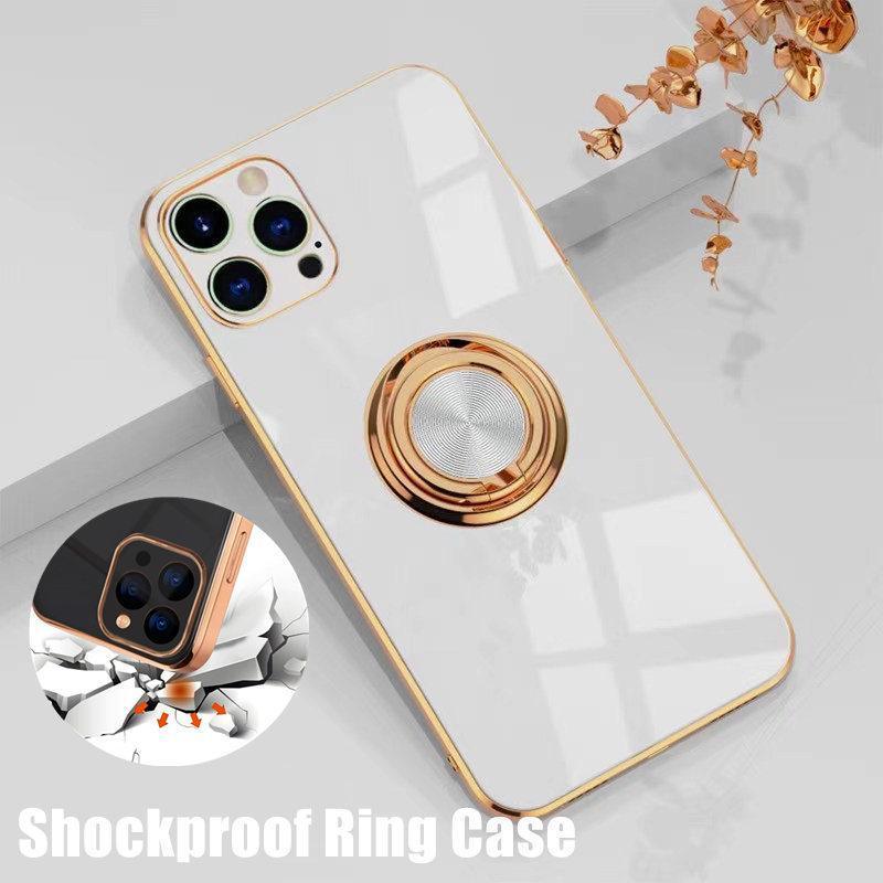 V528-RINGCASE-IP12PRO-BAISE-440281-202509302354-00 White Luxury Shockproof Silicone Ring Case Stand Cover for iPhone 14 13 12 Pro Max - iPhone 12 Pro - Image 1