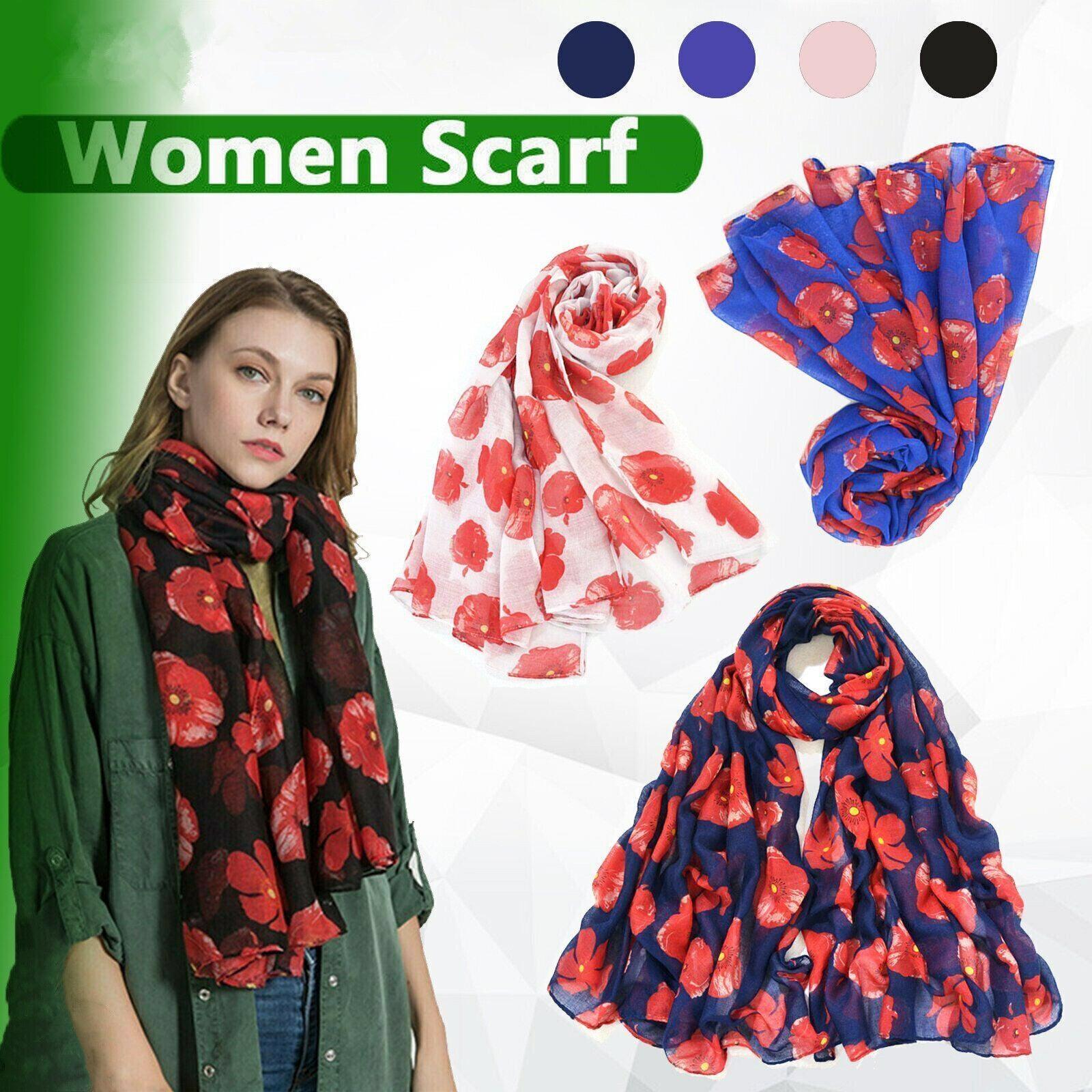 V528-SCARF-BLUE-74761-202509251345-00 Women Ladies Poppy Print Floral Scarf Remembrance Day Poppies Scarves Wrap Shawl - Royal Blue - Image 1