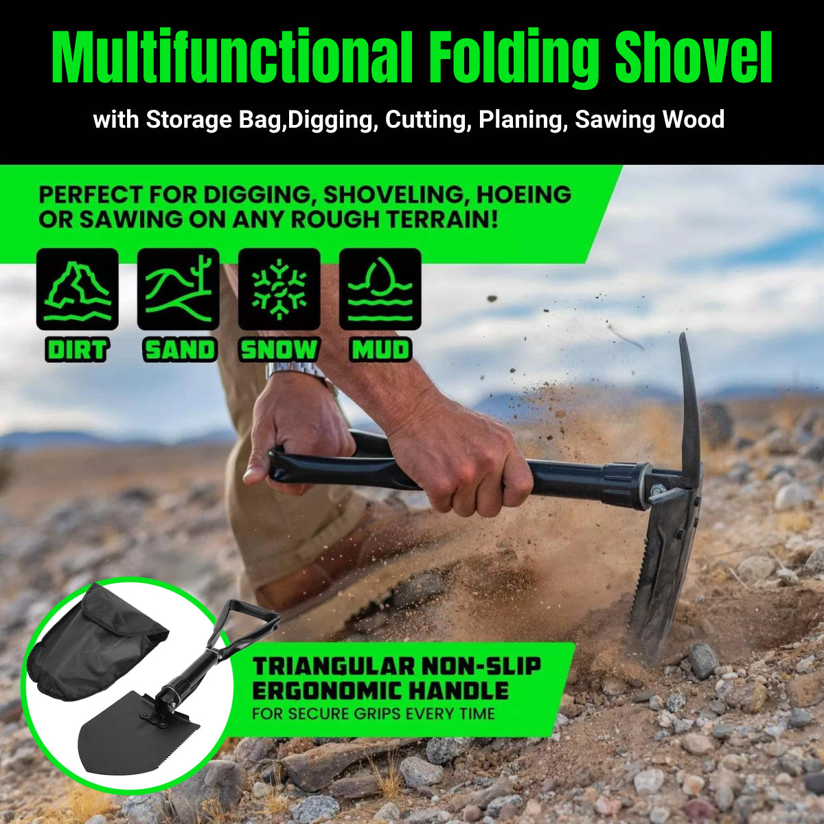 V528-SHOVEL-BLACK-238945-202509251341-00 Folding Survival Shovel Outdoor Camping Emergency Tool For Hiking Fishing Rescue Gear - Image 1