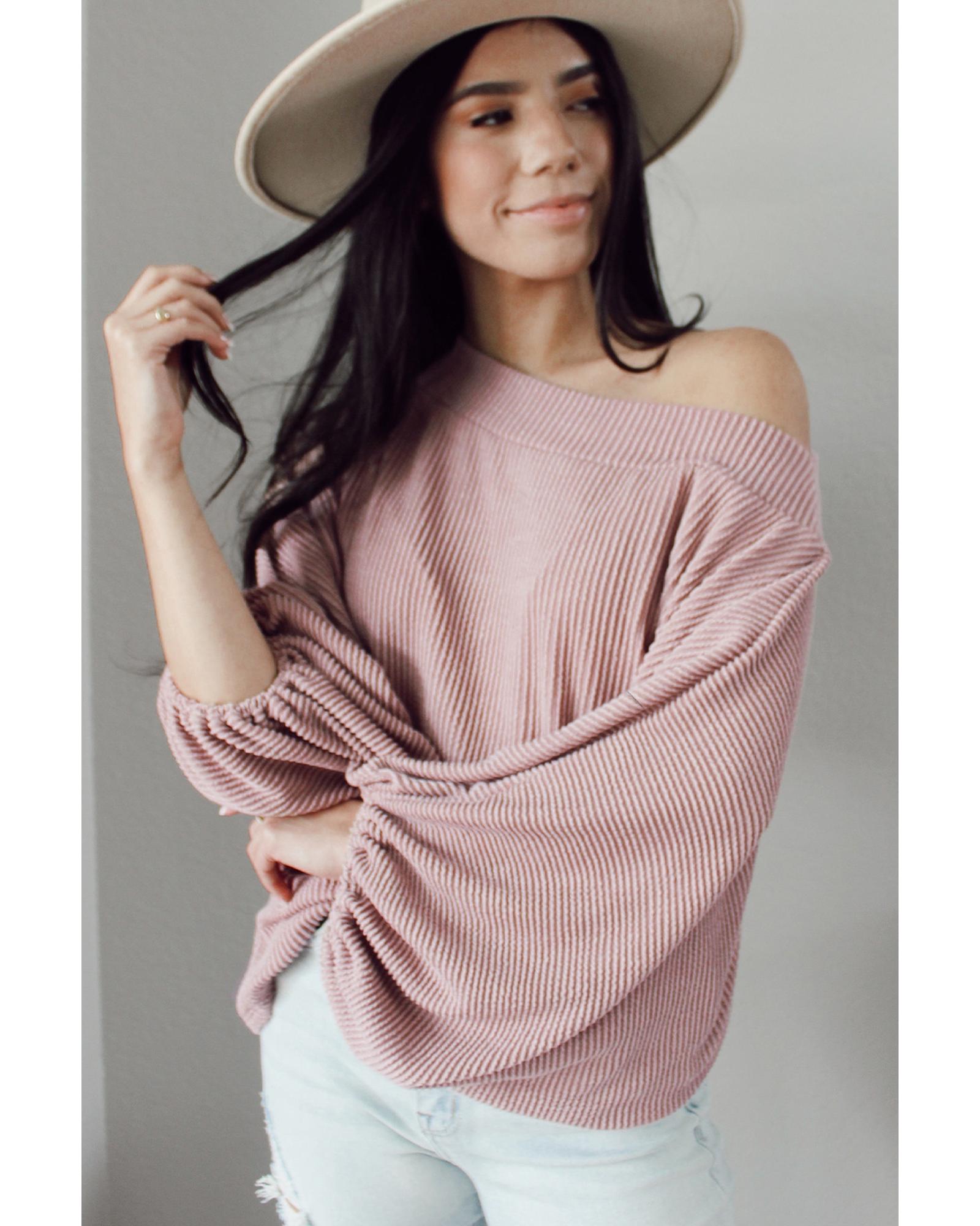 V539-AZEXDC25122676-10-XL-202508270720-00 Pink One-Shoulder Balloon Sleeve Ribbed Blouse - XL - Image 1