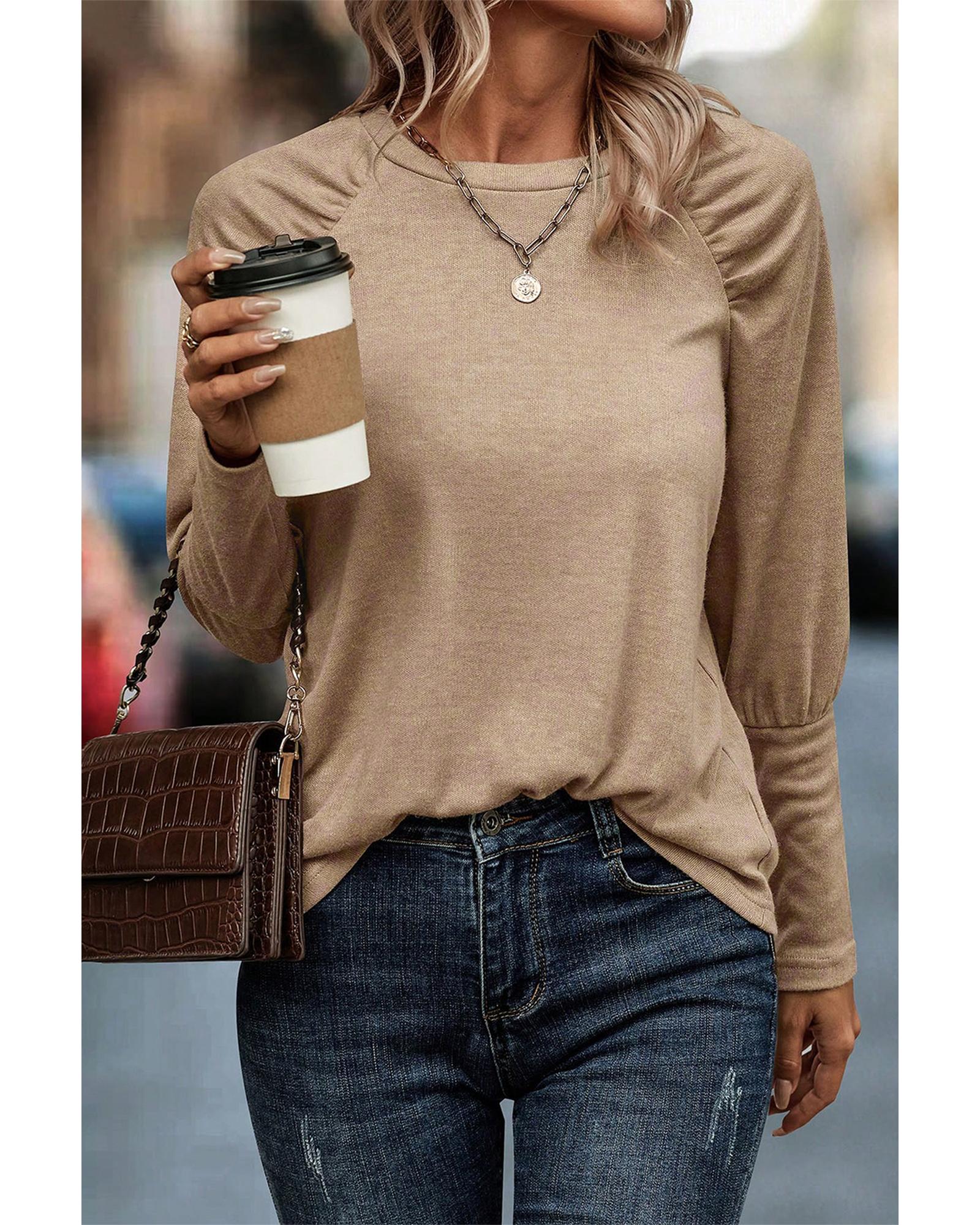V539-AZEXDC25223440-P5016-S-202508272300-00 Pale Khaki Solid Ruched Raglan Sleeve Knit Top - S - Image 1