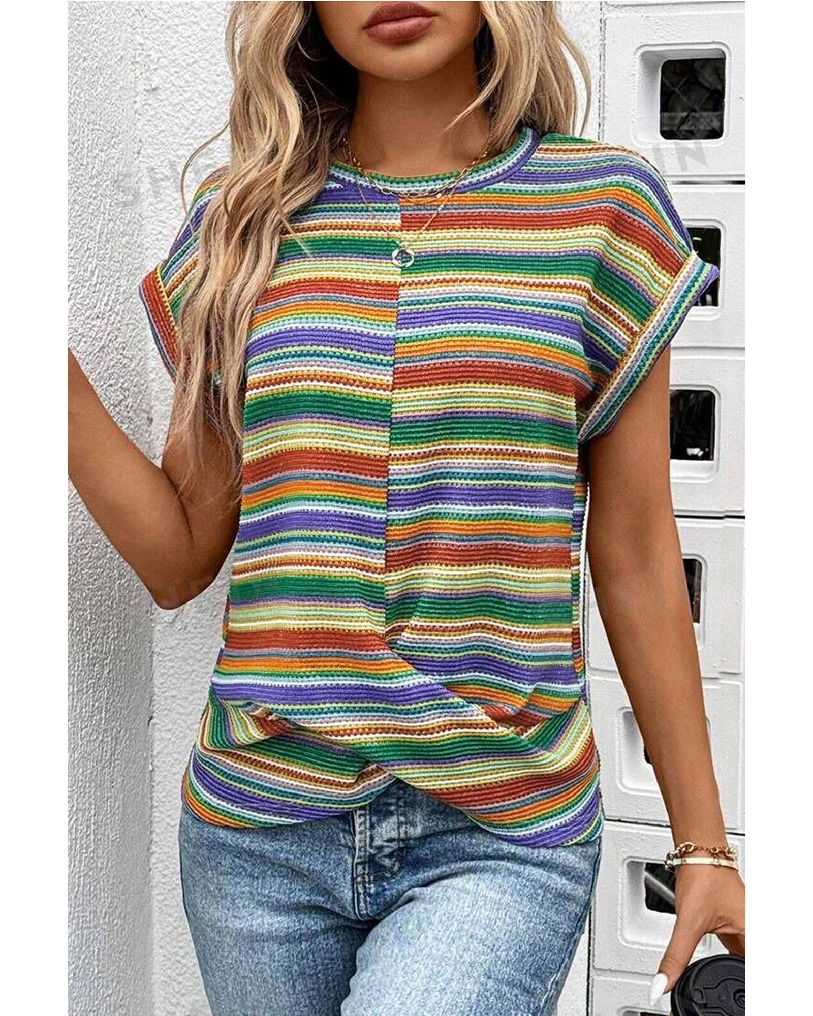 V539-AZEXDC25226784-P22-M-202508271815-00 Multicolour Striped Pattern Twist Hem Short Sleeve Top - M - Image 1