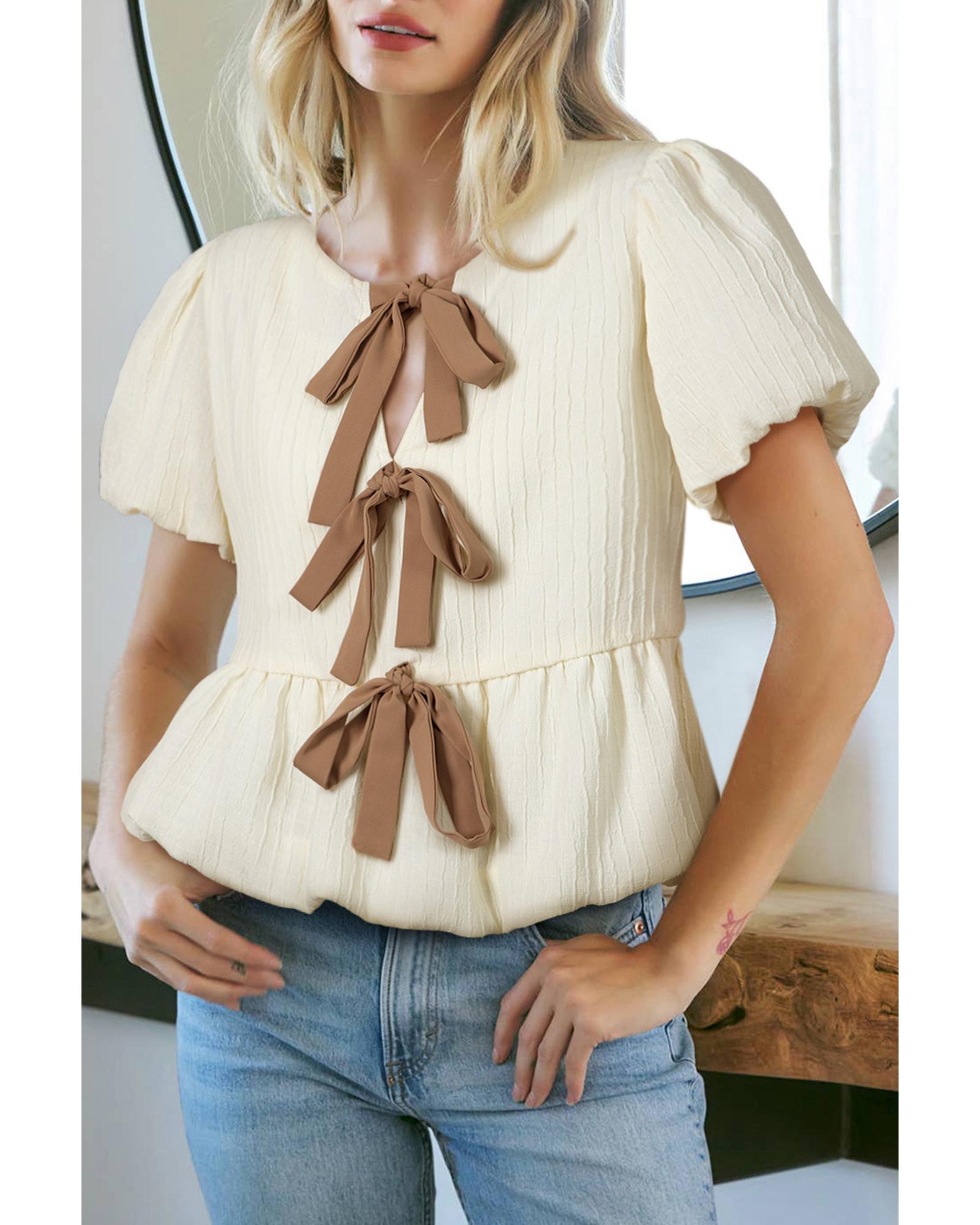 V539-AZEXDC25226819-P101-XL-202508291315-00 White Textured Bow Ties Front Bubble Hem Puff Short Sleeve Blouse - XL - Image 1