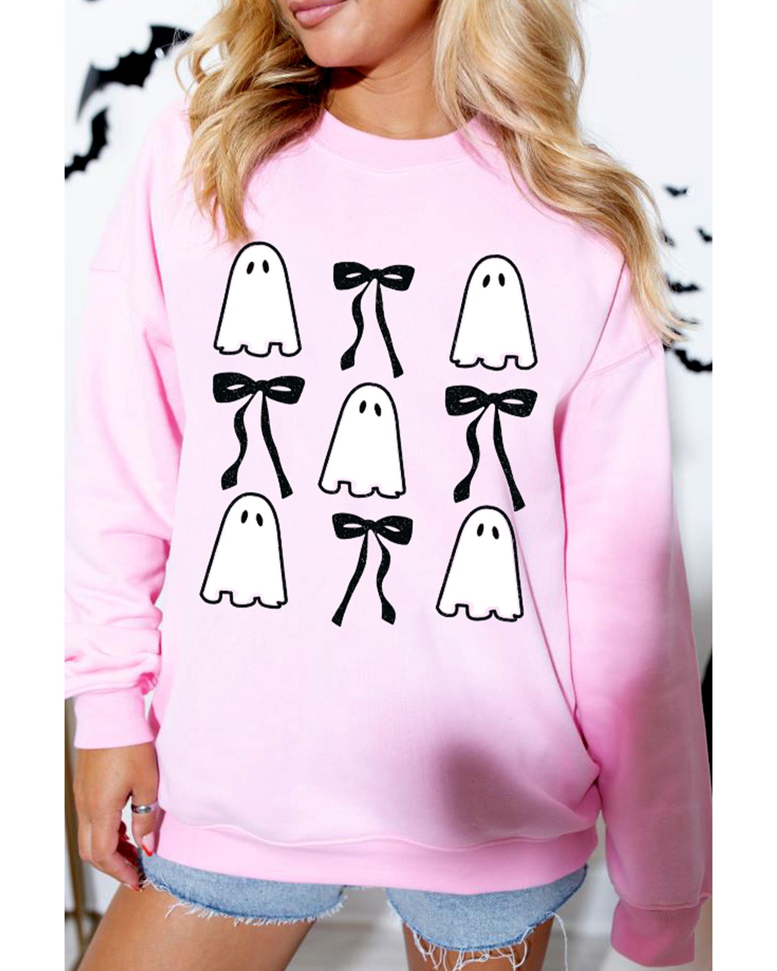 V539-AZEXDC25318708-10-L-202508281035-00 Pink Ghost Bowknot Printed Drop Shoulder Halloween Sweatshirt - L - Image 1