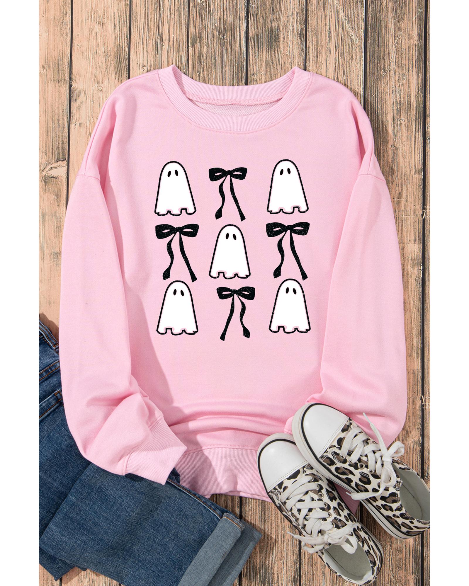 V539-AZEXDC25318708-10-S-202506191737-00 Pink Ghost Bowknot Printed Drop Shoulder Halloween Sweatshirt - S - Image 1