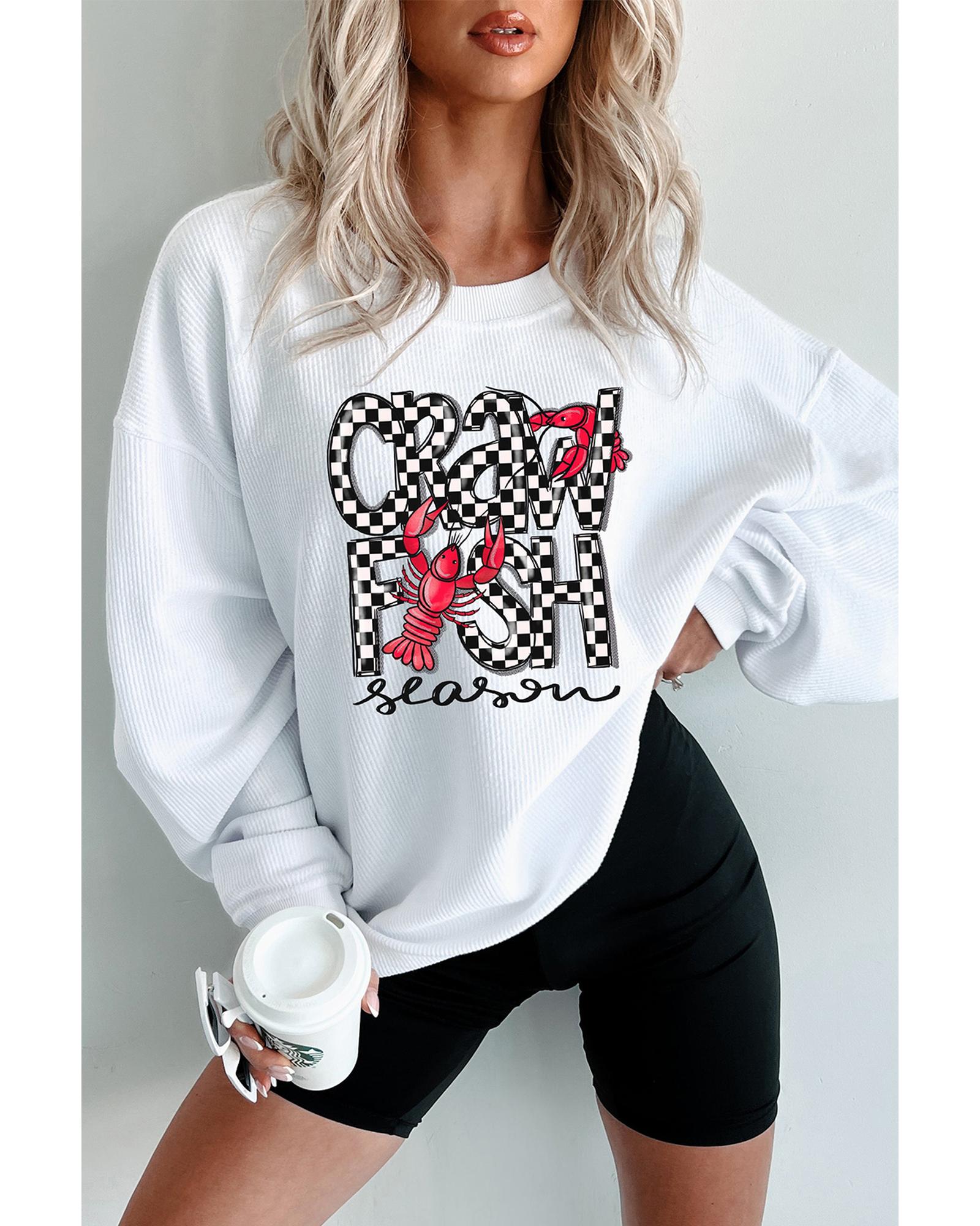 V539-AZEXDC25319459-P1-M-202508300345-00 White Crawfish Season Checkered Letter Graphic Corded Sweatshirt - M - Image 1