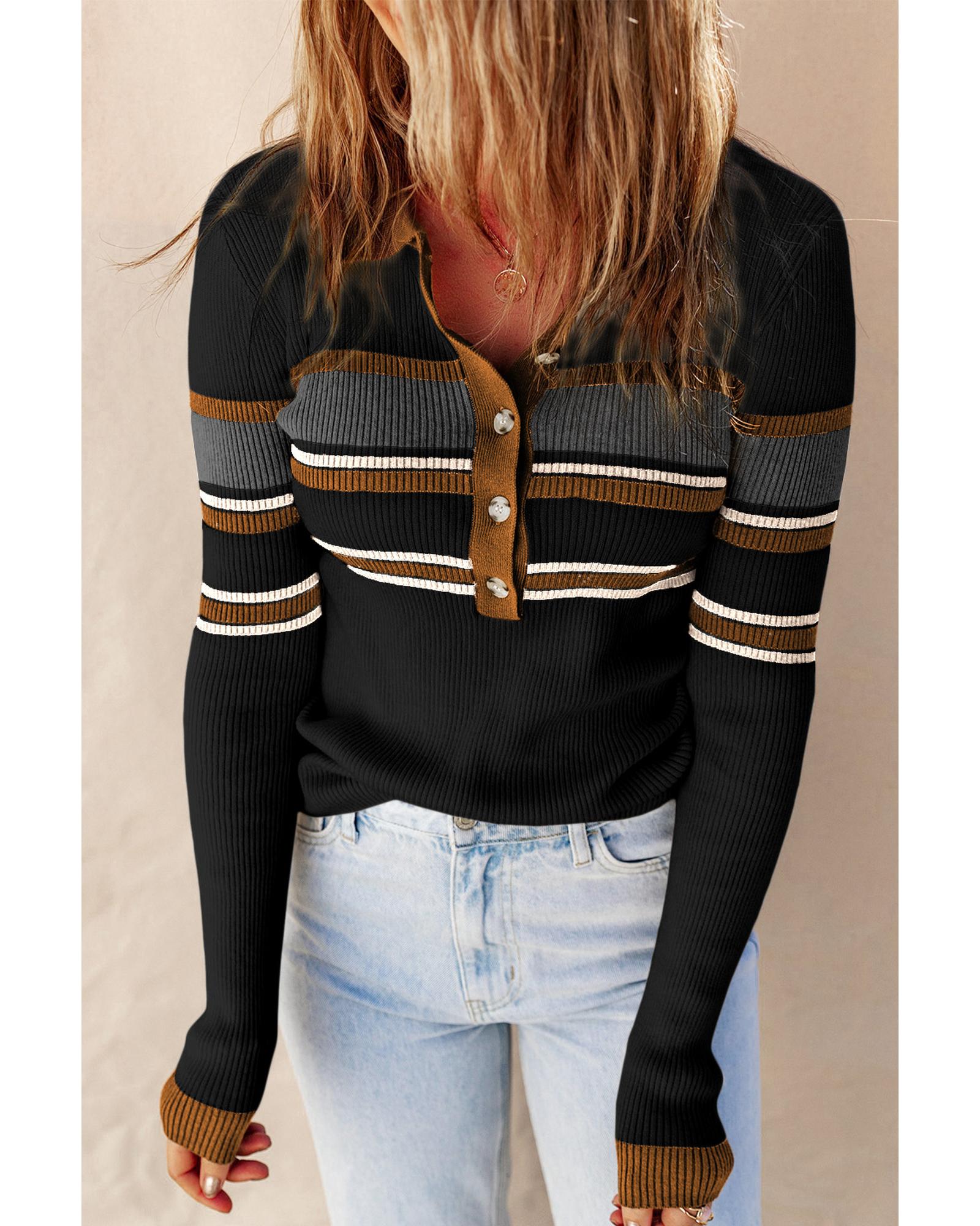 V539-AZEXDC2722953-2-XL-202506191750-00 Black Rib Knitted Stripe Detail Henley Sweater - XL - Image 1