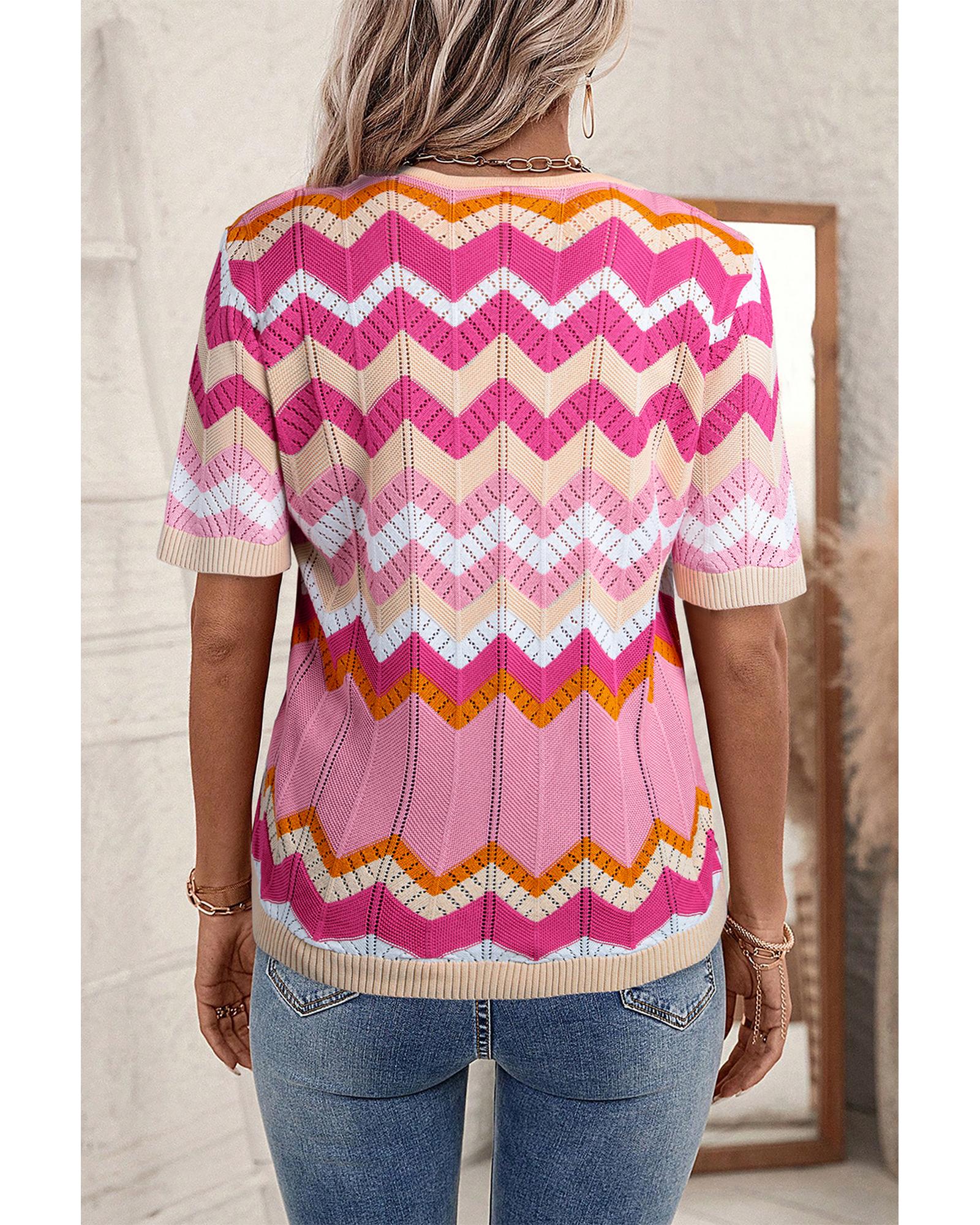 V539-AZEXDC2724563-P1019-M-202508291735-00 Pink Stripe Chevron Pointelle Knit V Neck Short Sleeve Sweater - M - Image 1