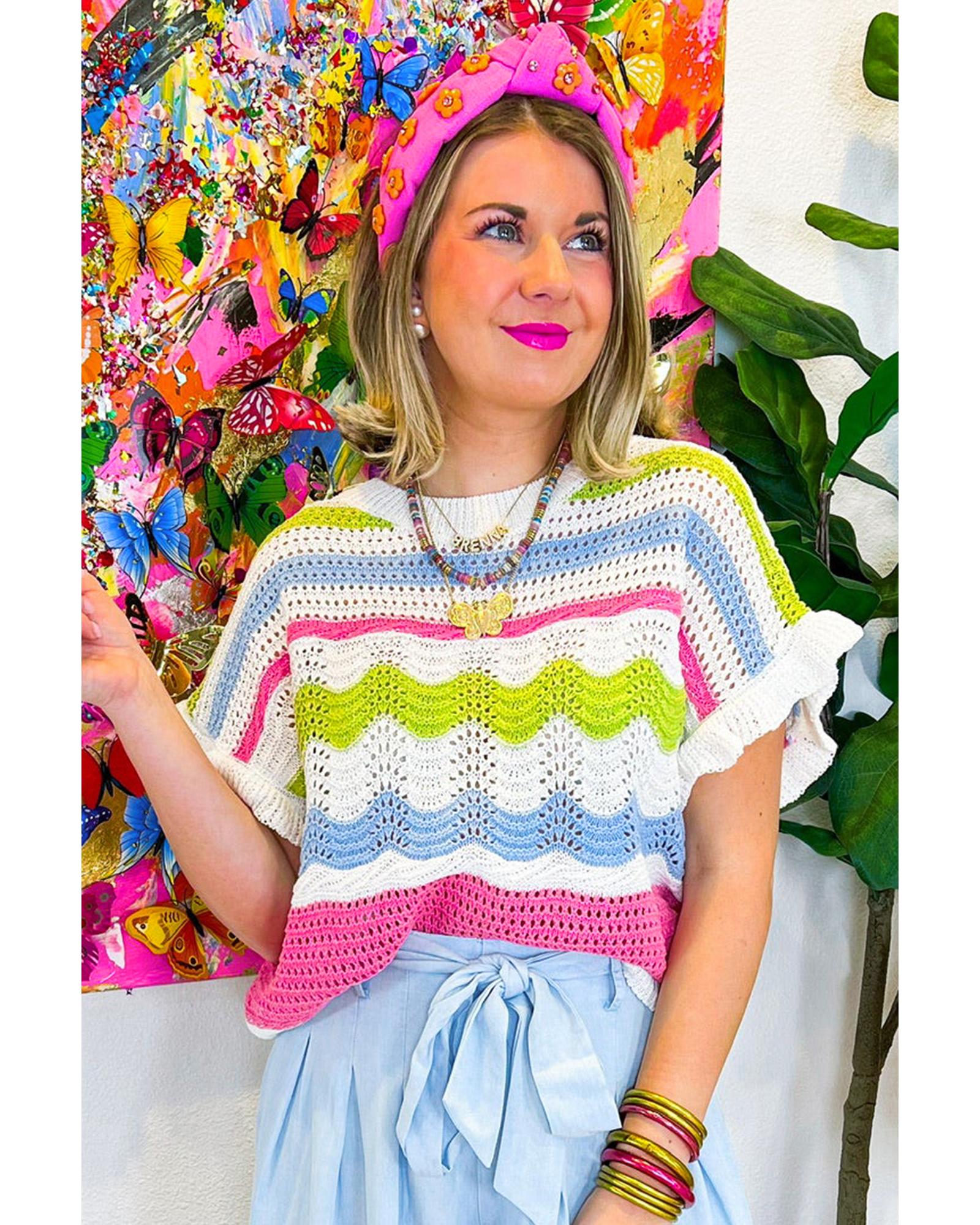 V539-AZEXDC277258-P1-M-202508300555-00 White Colorblock Crochet Knit Ruffled Short Sleeve Sweater Top - M - Image 1