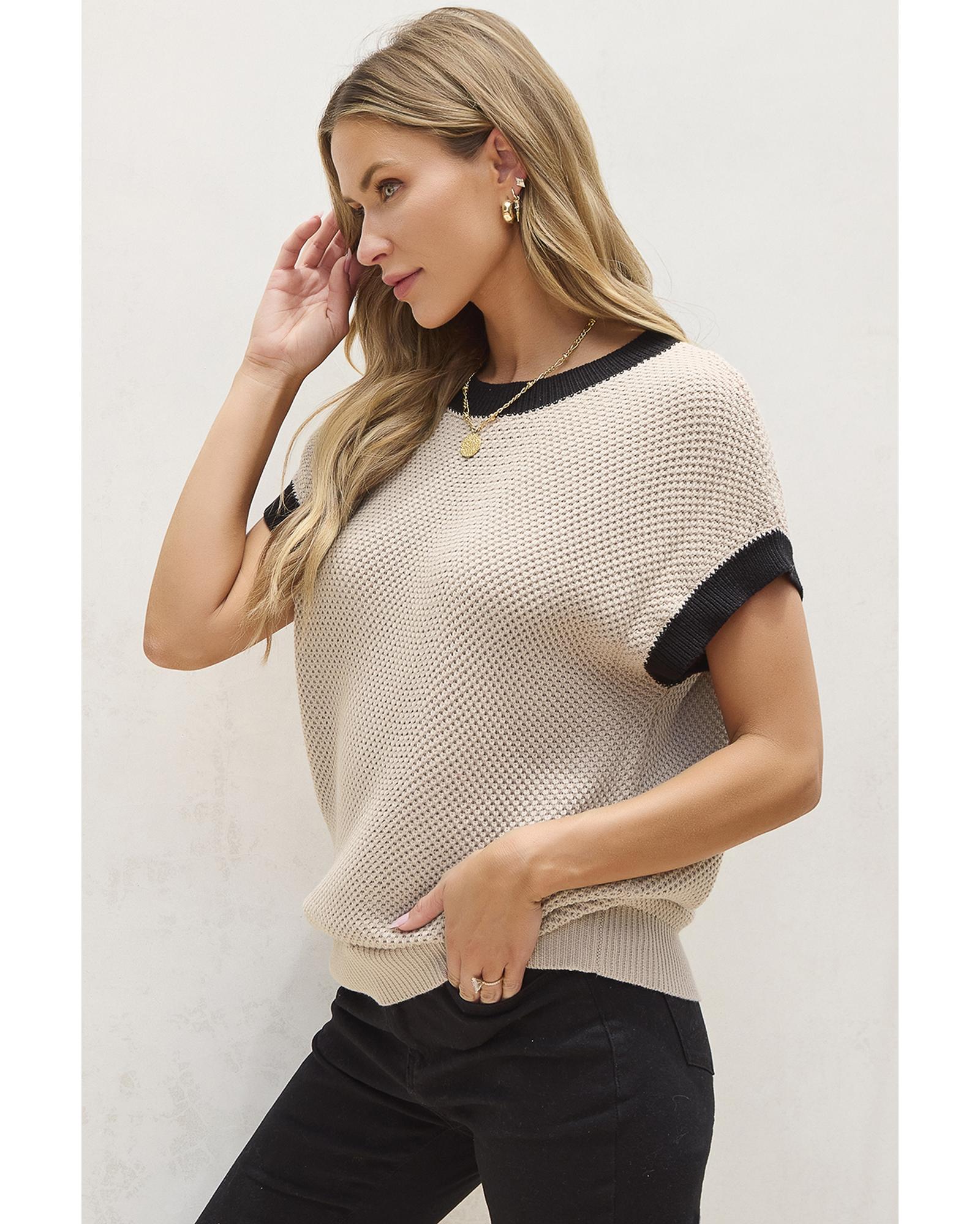 V539-AZEXDC277347-P4016-XL-202508290040-00 Light French Beige Contrast Trim Round Neck Batwing Sleeve Sweater Top - XL - Image 1