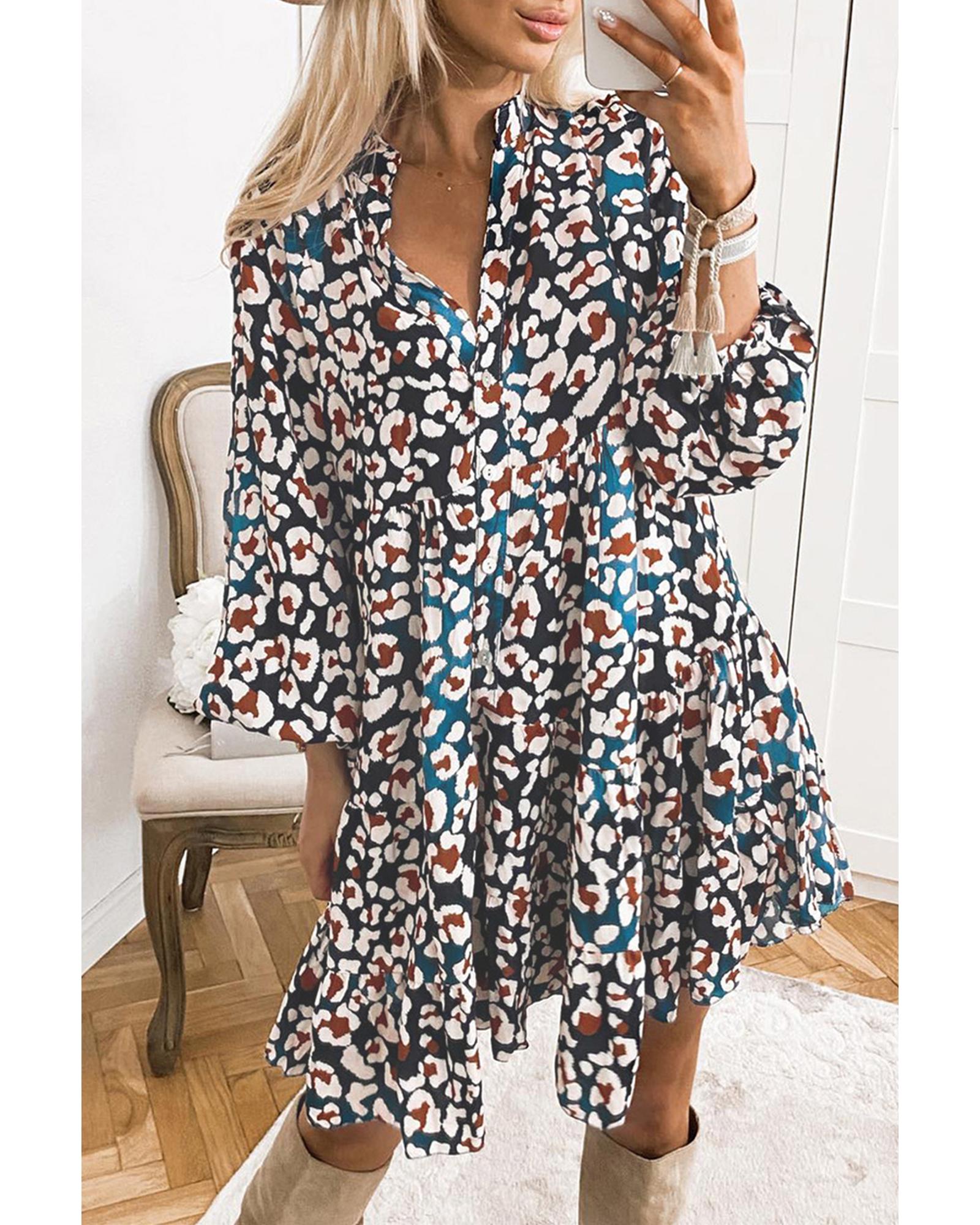 V539-AZEXDC6117569-5-L-202508300035-00 Blue Leopard Print Bubble Sleeve Ruffled Shirt Dress - L - Image 1