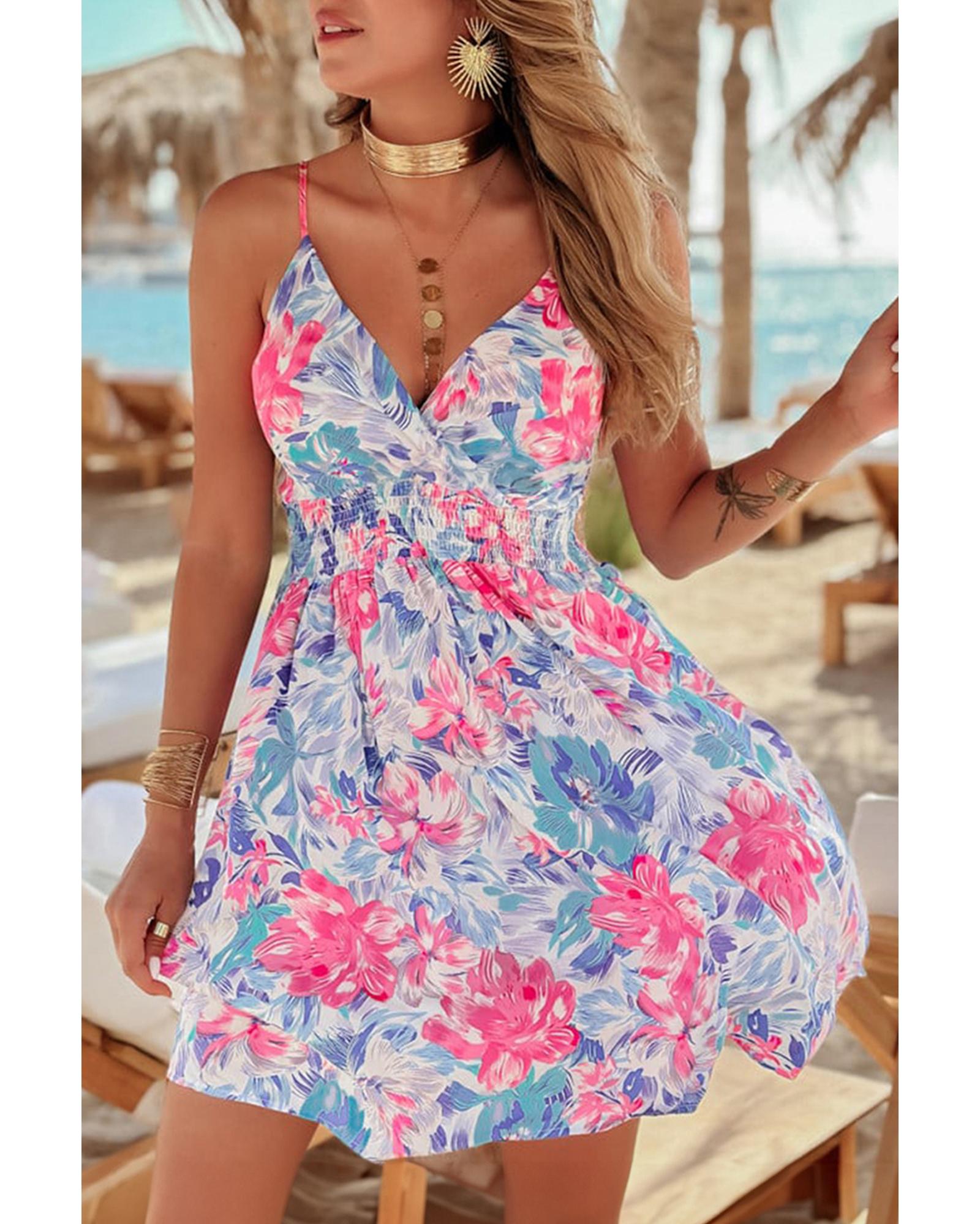 V539-AZEXDC6122454-P420-M-202508311515-00 Sky Blue Floral Spaghetti Strap Surplice Neck Shirred Waist Mini Dress - M - Image 1