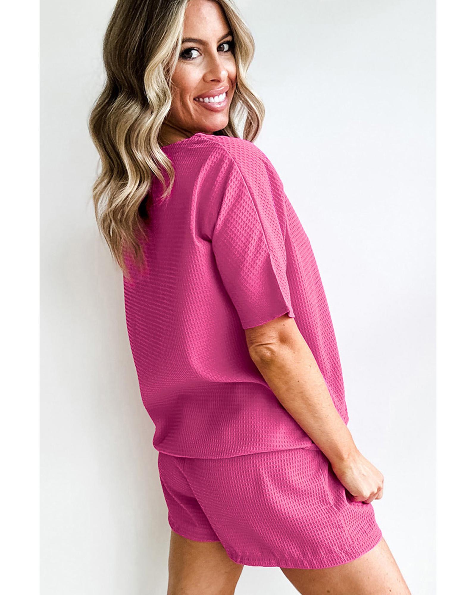 V539-AZEXDC627545-P6-S-202506191836-00 Rose Red Waffle mama Embroidered Tee and Drawstring Shorts - S - Image 1
