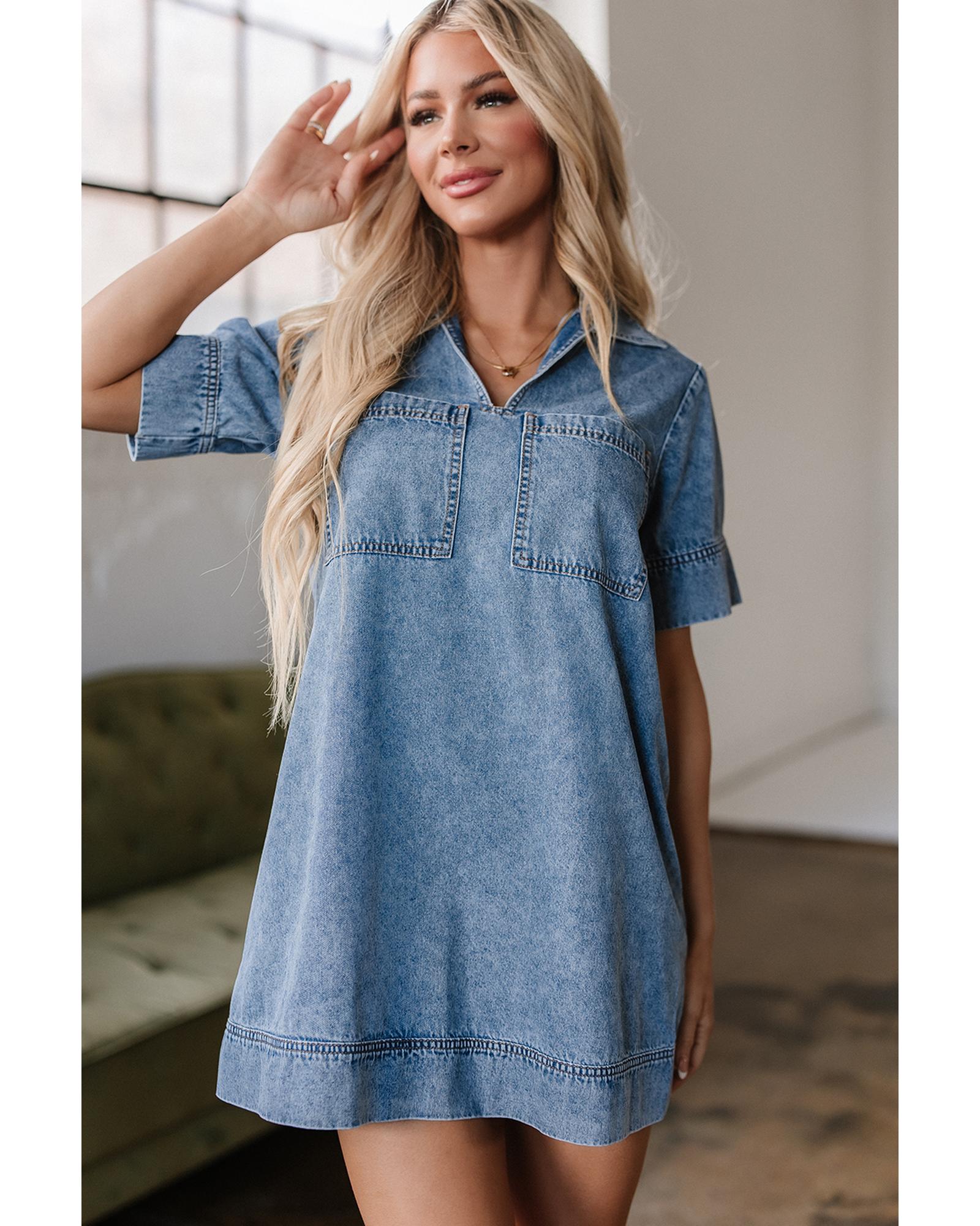 V539-AZEXDC786742-P804-XL-202508310215-00 Beau Blue Short Sleeve Collared Patched Pocket Denim Mini Dress - XL - Image 1