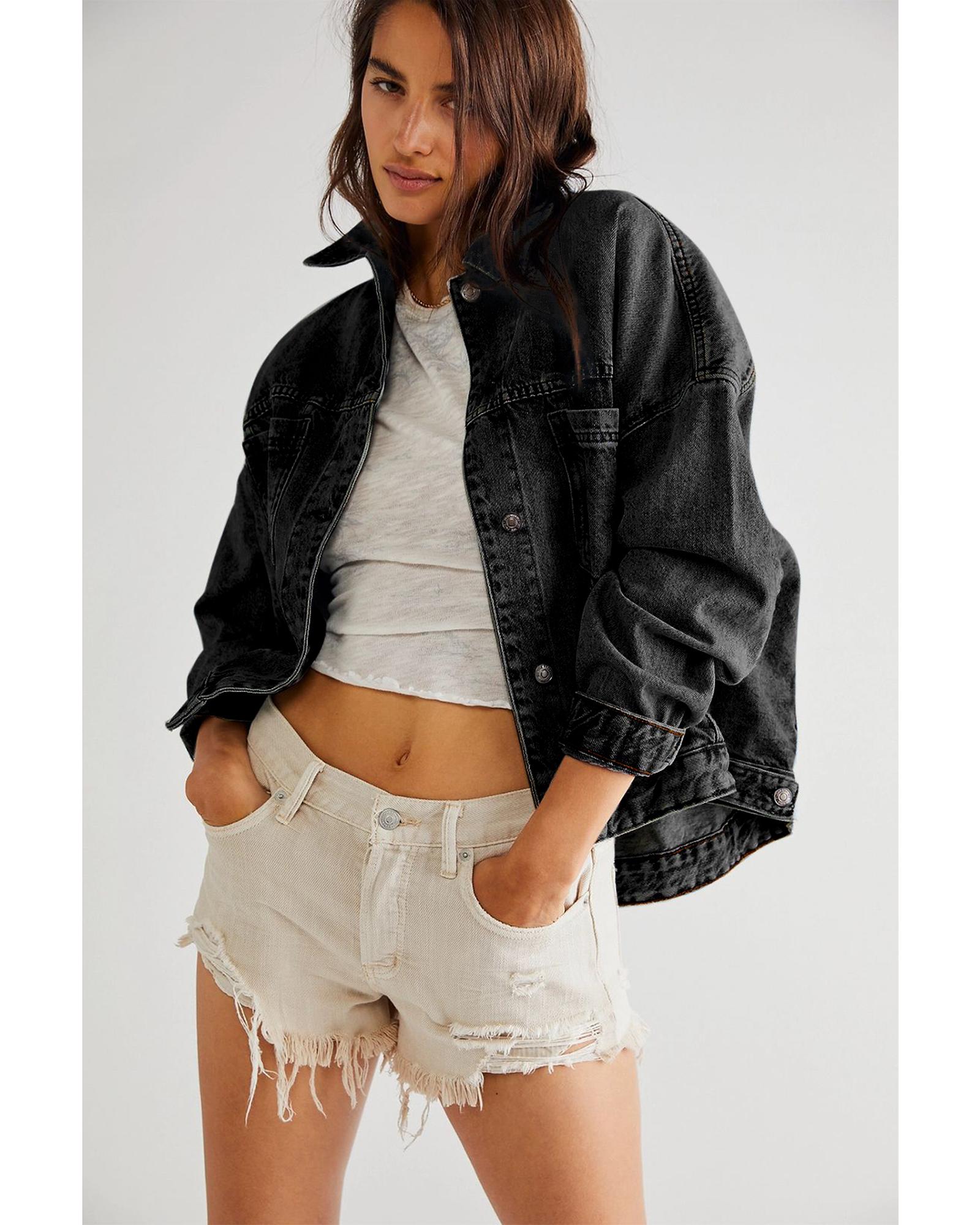 Black Washed Oversize Pocketed Denim Jacket - XL