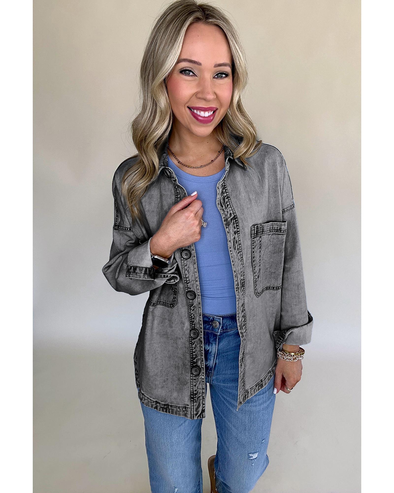 V539-AZEXDC788615-P3011-M-202508300835-00 Medium Grey Mineral Wash Patched Pocket Split Denim Jacket - M - Image 1
