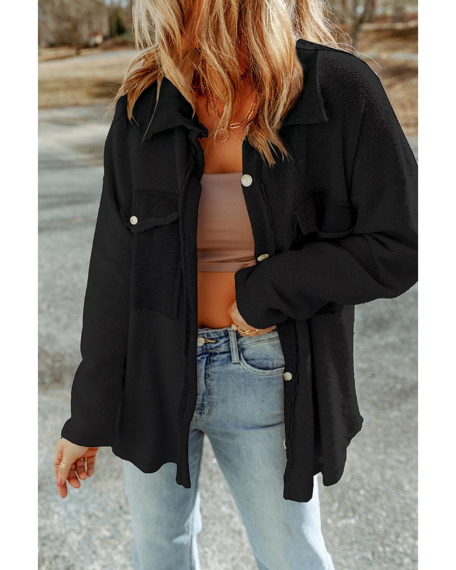 V539-AZEXDC854295-2-L-202508291535-00 Black Contrast Flap Pockets Relaxed Shacket - L - Image 1