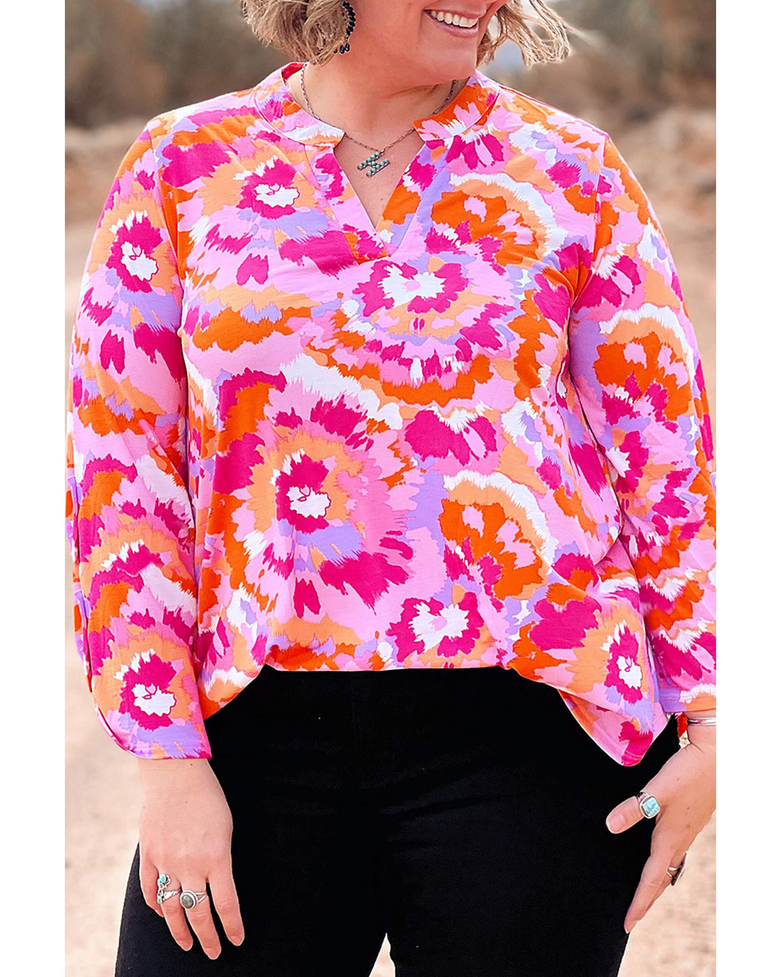 Pink Plus Size Abstract Floral Print V Neck Blouse - 1X