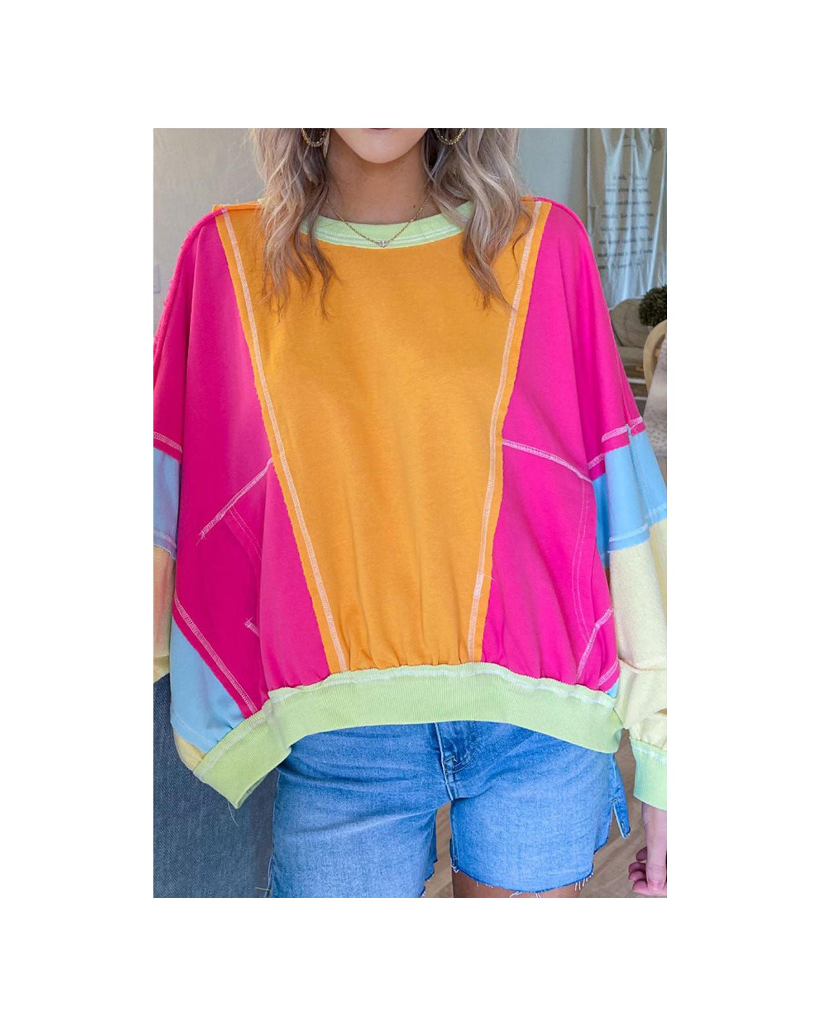 V539-AZEXPL253609-P622-1X-202506191911-00 Rose Red Plus Size Colorblock Patchwork Exposed Seam Sweatshirt - 1X - Image 1