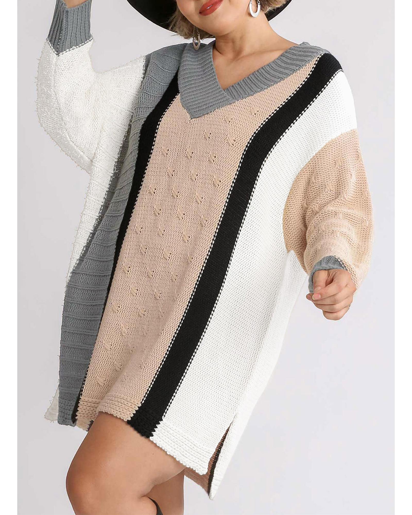 V539-AZEXPL273001-18-2X-202508300755-00 Apricot Mixed Boucl Color Block Plus Size Sweater Dress - 2X - Image 1