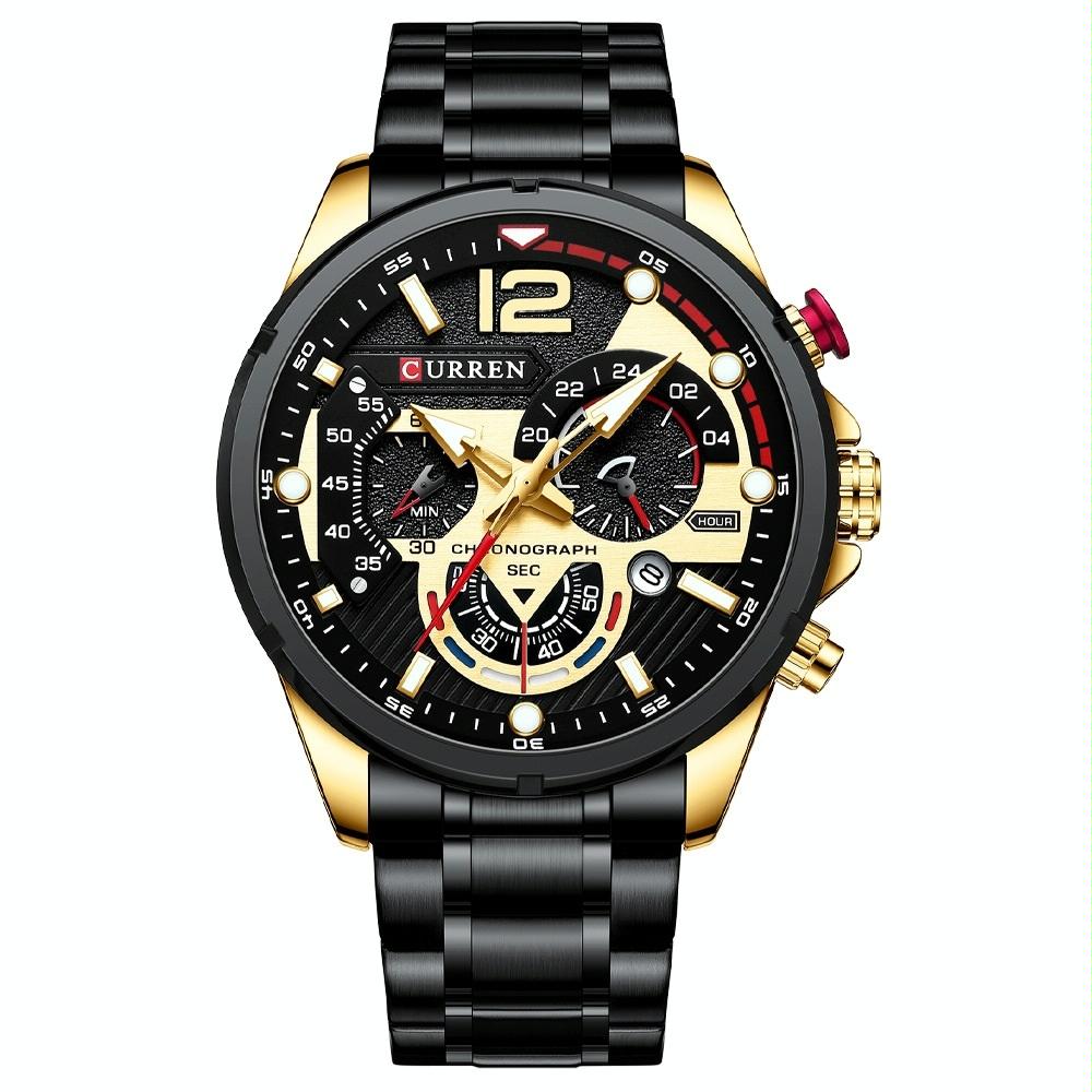 Men Quartz Watch with Six-hand Steel Strap and Calendar - Golden Shell Black