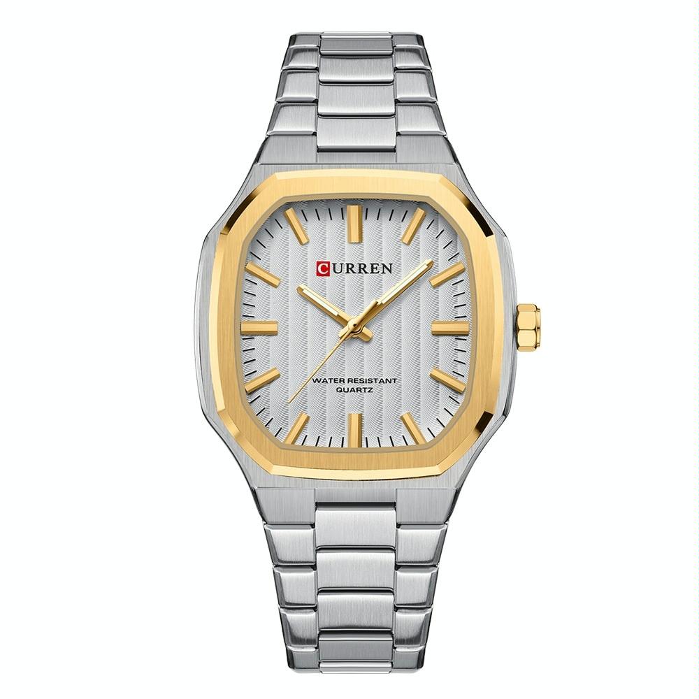 Men Quartz Watch with Steel Strap for Business - White Shell Golden Circle White Surface