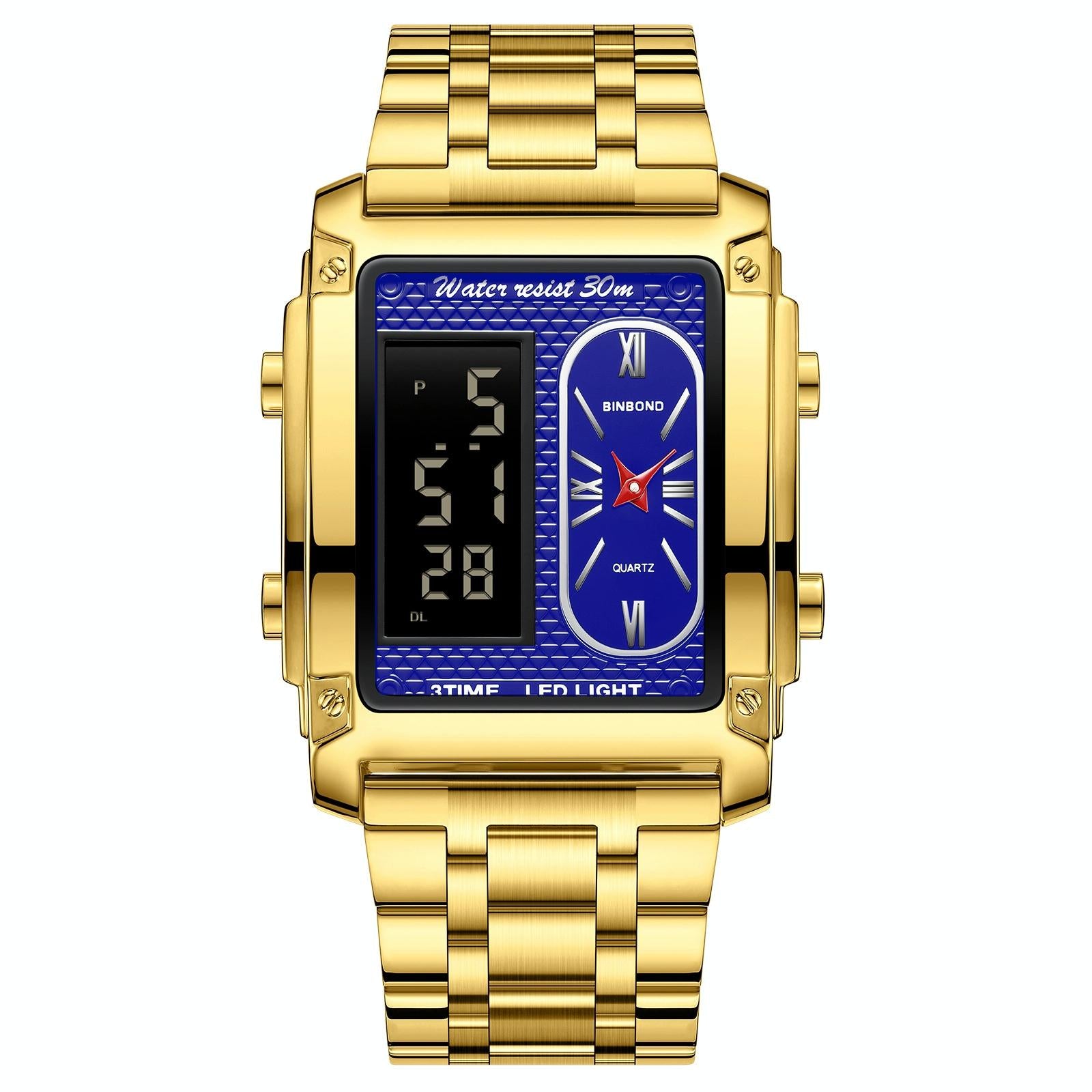 Waterproof Men Led Quartz Watch - Multifunctional Luminous - Metal-Blue