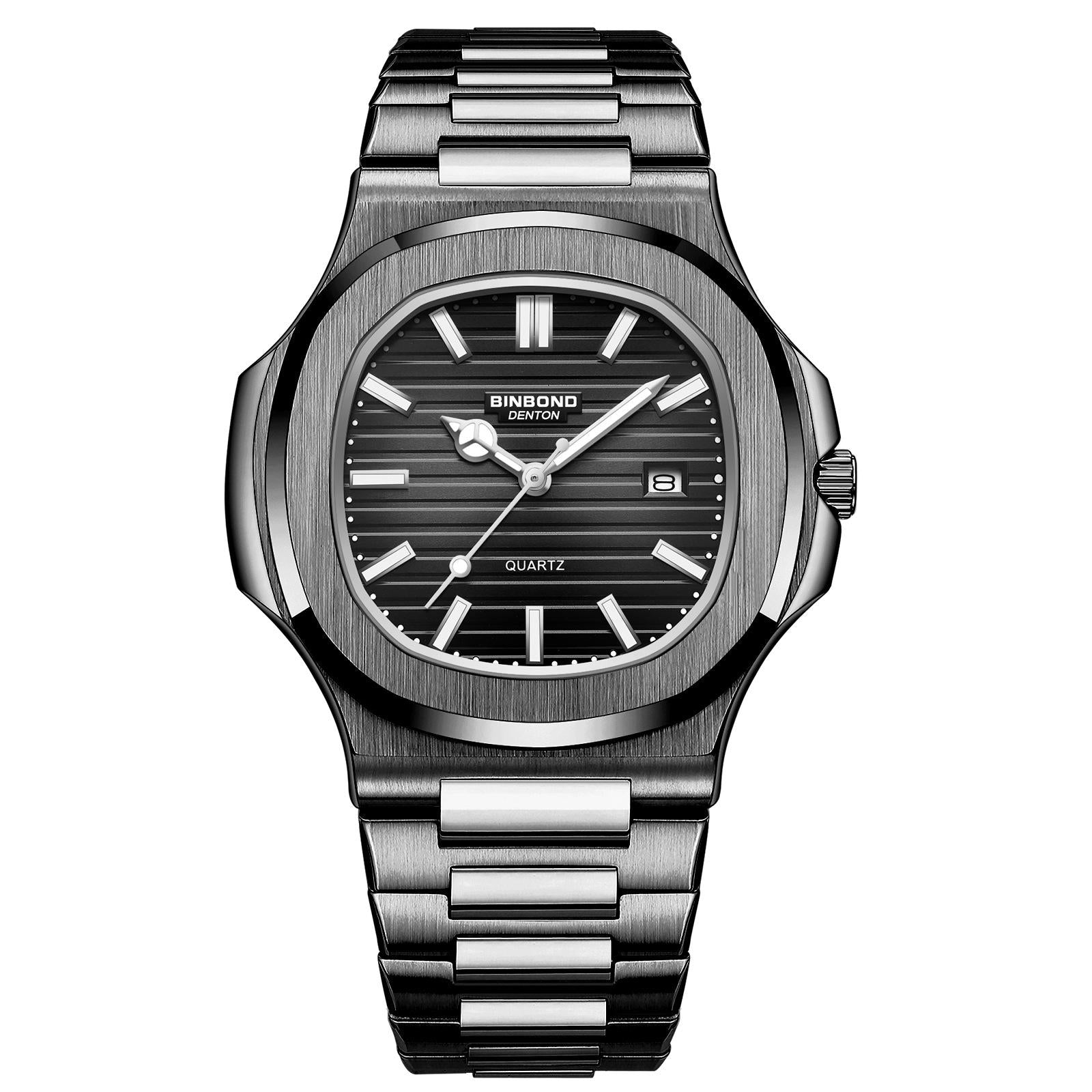 V562-8056354060DBT-202508282046-00 Retro Luminous Square Men Quartz Watch - 30m Waterproof - Black Steel-Black-White - Image 1