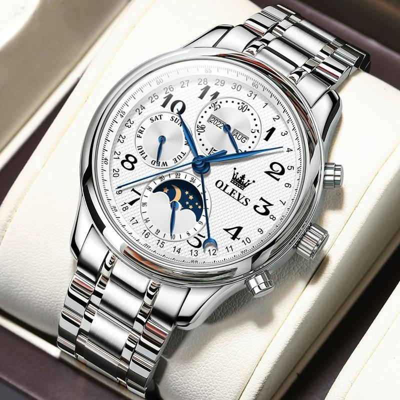 V562-A100181300ADE-202508282209-00 Waterproof Luminous Mechanical Watch for Men - Multifunction - Steel Band + White - Image 1