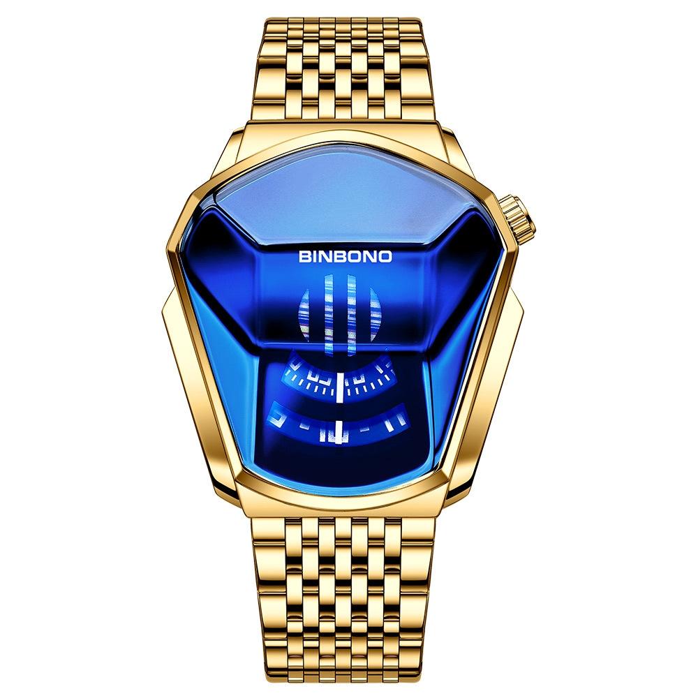 Black Steel Belt Men Watch with Live Technology - Full Gold-Blue Face