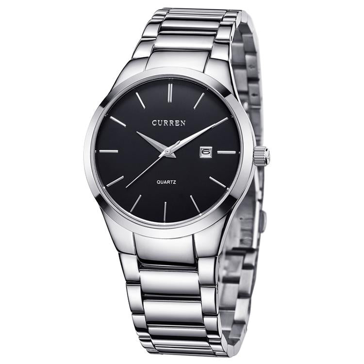 Waterproof Full Steel Quartz Watch - Fashion Business Calendar - White Case Black Face