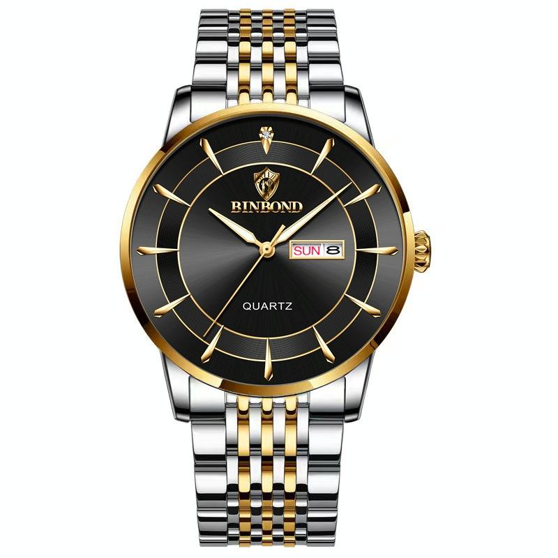 Waterproof Quartz Men Watch with Luminous Butterfly Buckle and Steel Belt - 30m - Inter-Gold-Black