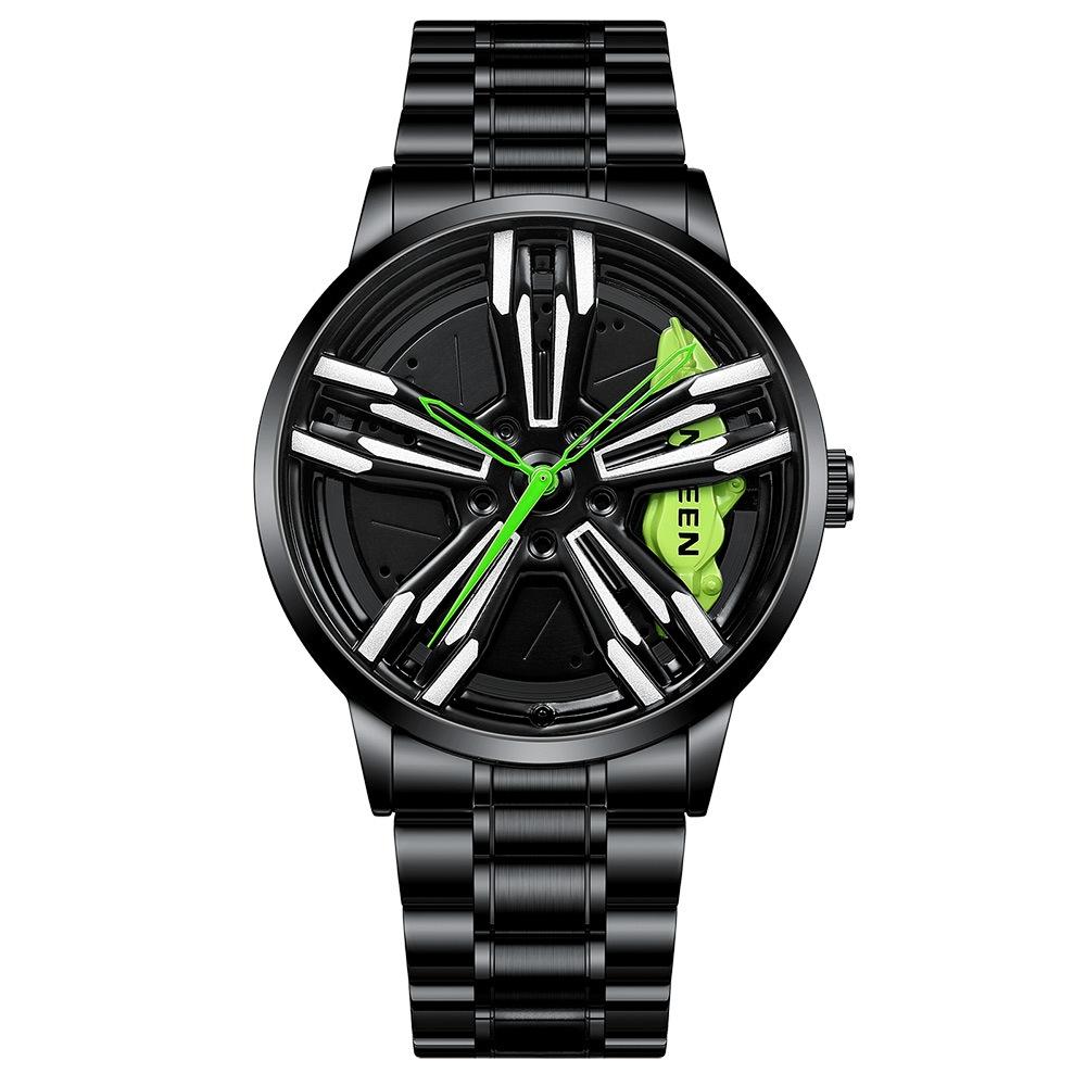 Men Metal Motorcycle Watch with Rotating Hub - Black Steel Green Surface
