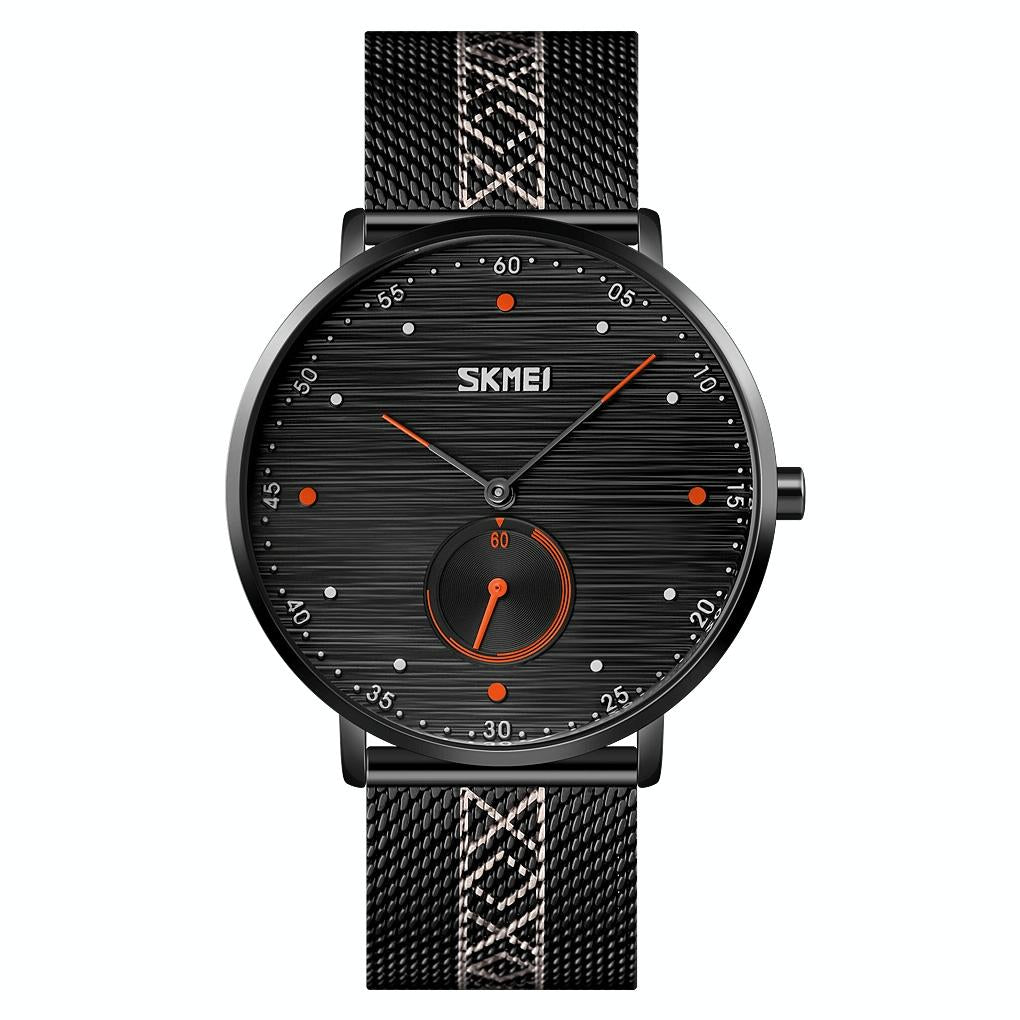 Men Striped Arabic Numeral Mesh Quartz Watch - Horizontal Design - Orange