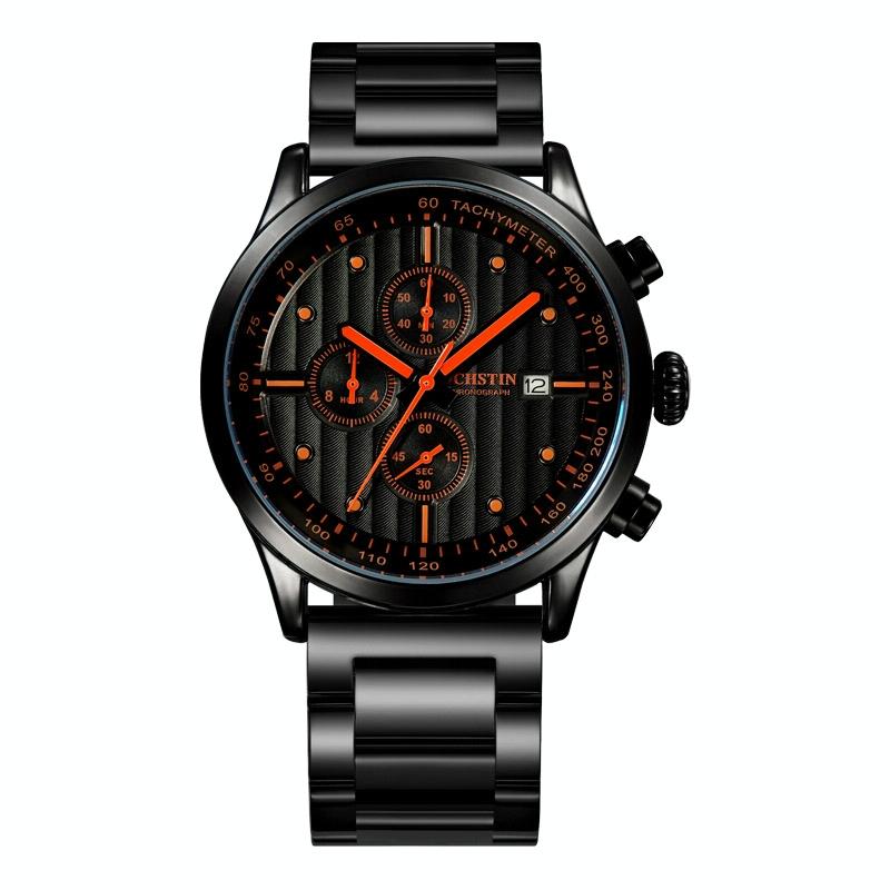 V562-B104840400ADE-202508281820-00 Stylish Multifunctional Men Quartz Watch with Steel Strap - Black Orange - Image 1