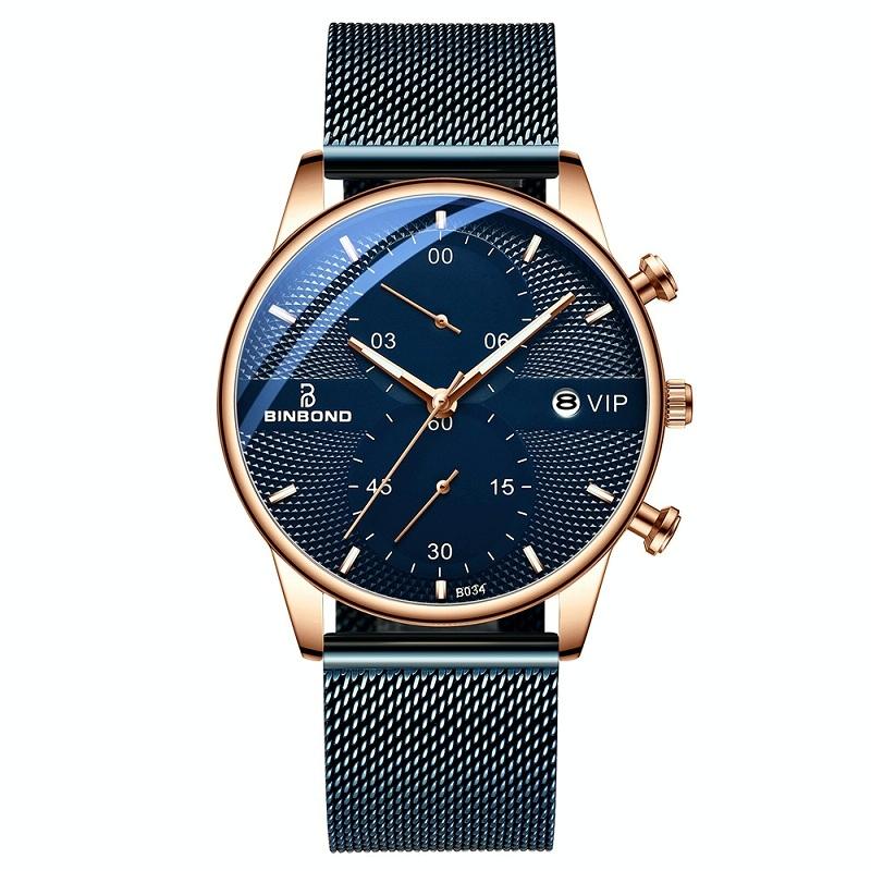V562-B1050792650DBT-202508290026-00 Men Multifunctional Luminous Quartz Watch - Business Style - Blue Mash Rose Shell Blue Surface - Image 1