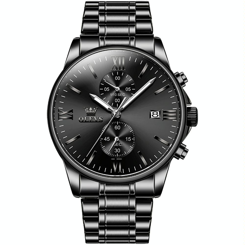V562-B107042500ADE-202508281531-00 Waterproof Men Chronograph Quartz Watch with Luminous Dial - Black Silver Steel Strip - Image 1