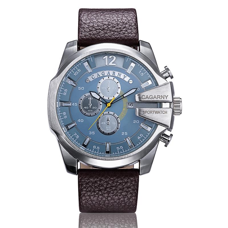 Men Leather Band Sports Watch with Large Dial - Silver Blue Brown