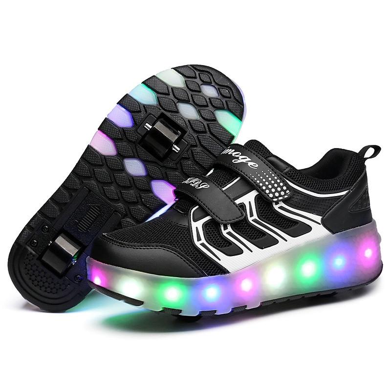 Rechargeable Double Wheel Roller Skating Shoes - Ultra Light Mesh Surface - Black